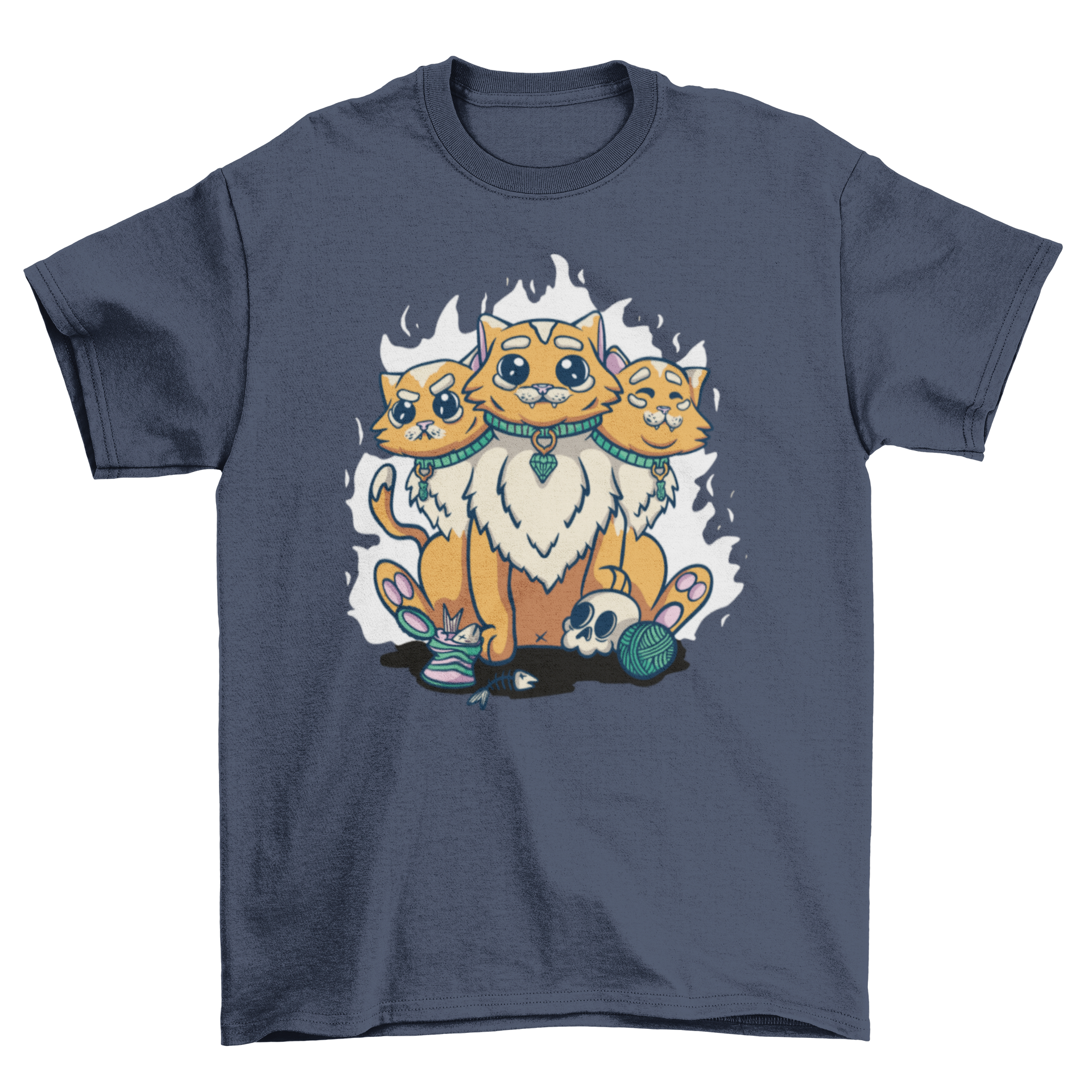 A vibrant t-shirt featuring a unique three-headed cat design with different facial expressions.