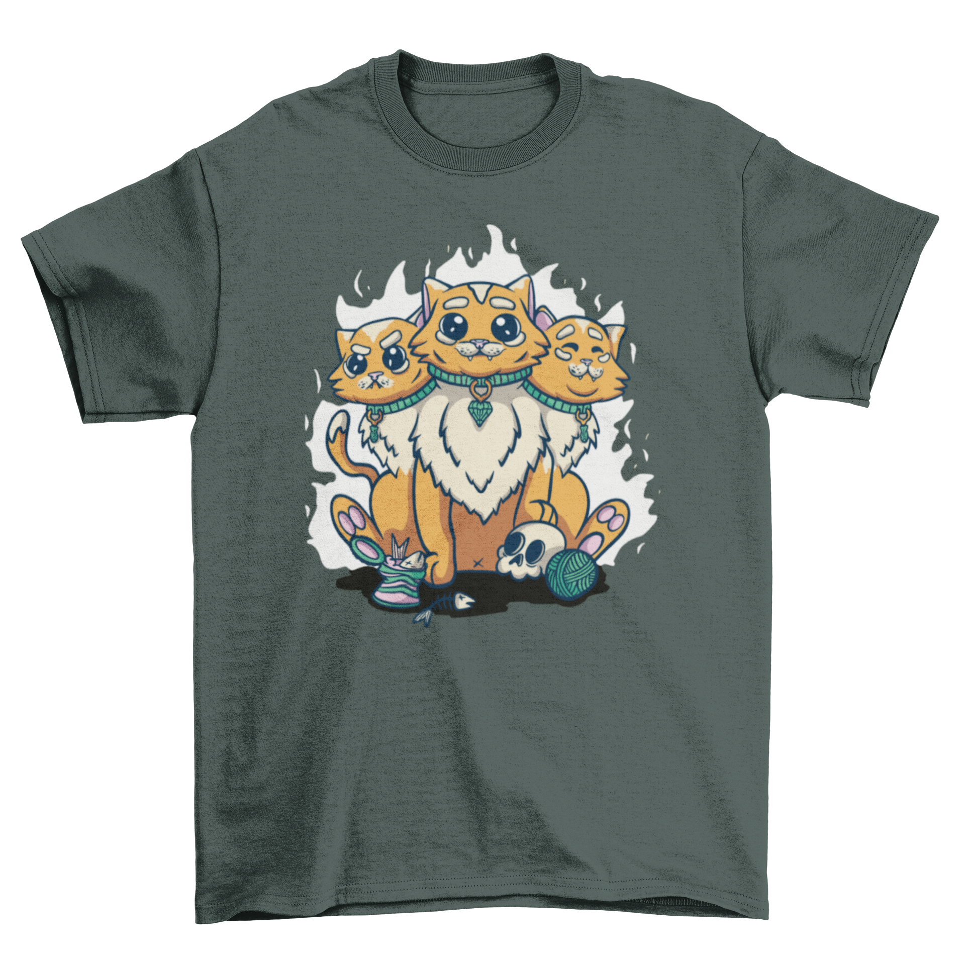 A vibrant t-shirt featuring a unique three-headed cat design with different facial expressions.