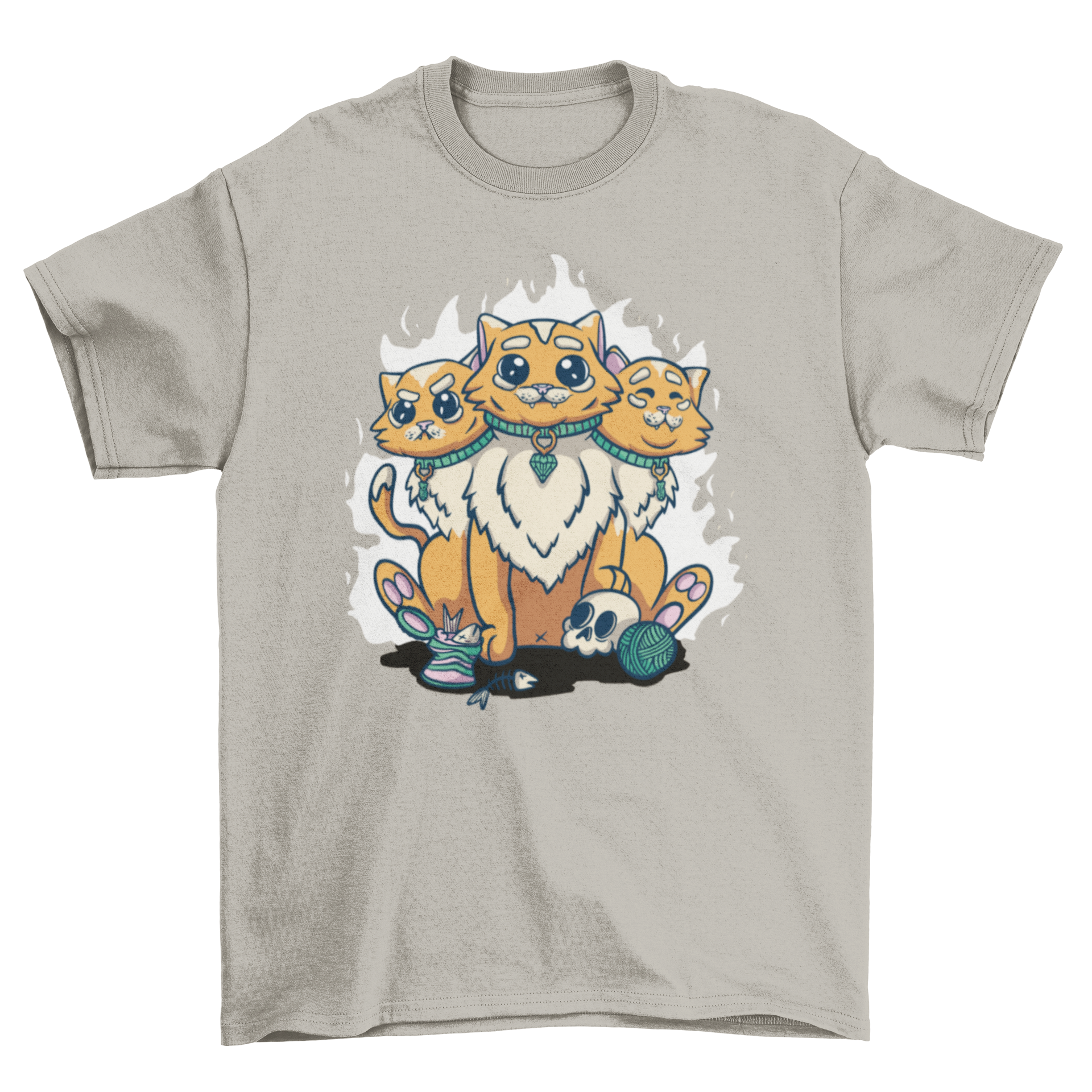 A vibrant t-shirt featuring a unique three-headed cat design with different facial expressions.