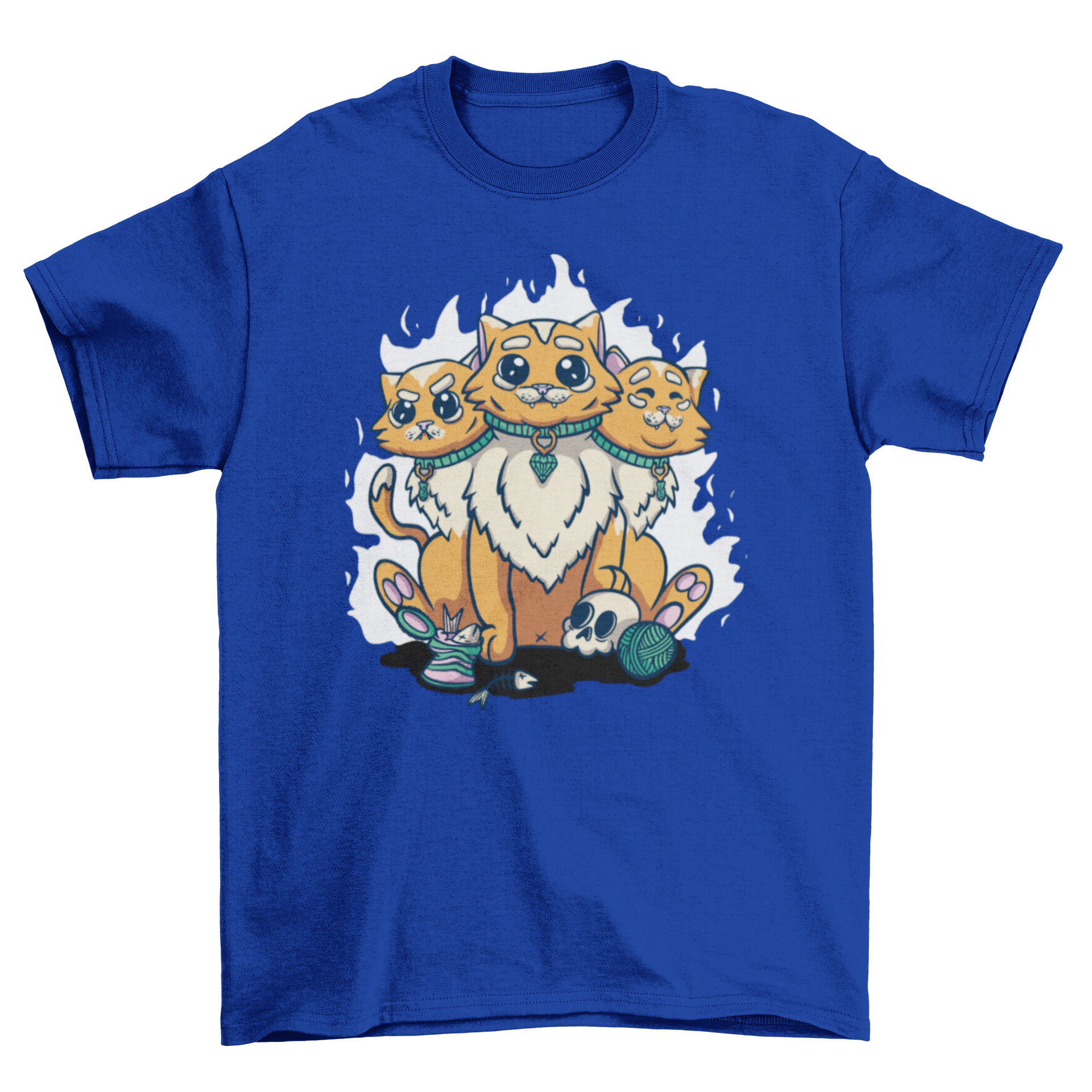 A vibrant t-shirt featuring a unique three-headed cat design with different facial expressions.