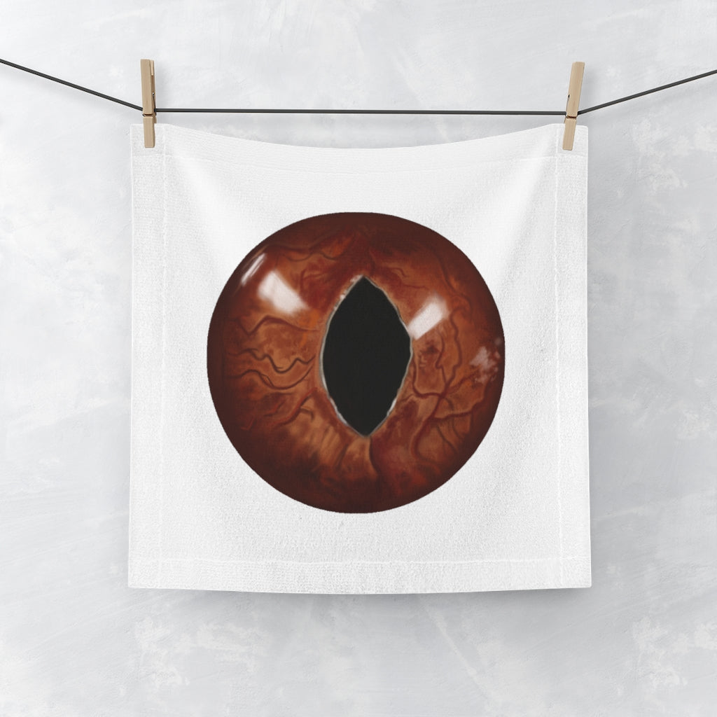 A Cat Eye Face Towel featuring a customizable design on a soft polyester front and absorbent cotton back, measuring 13x13 inches.