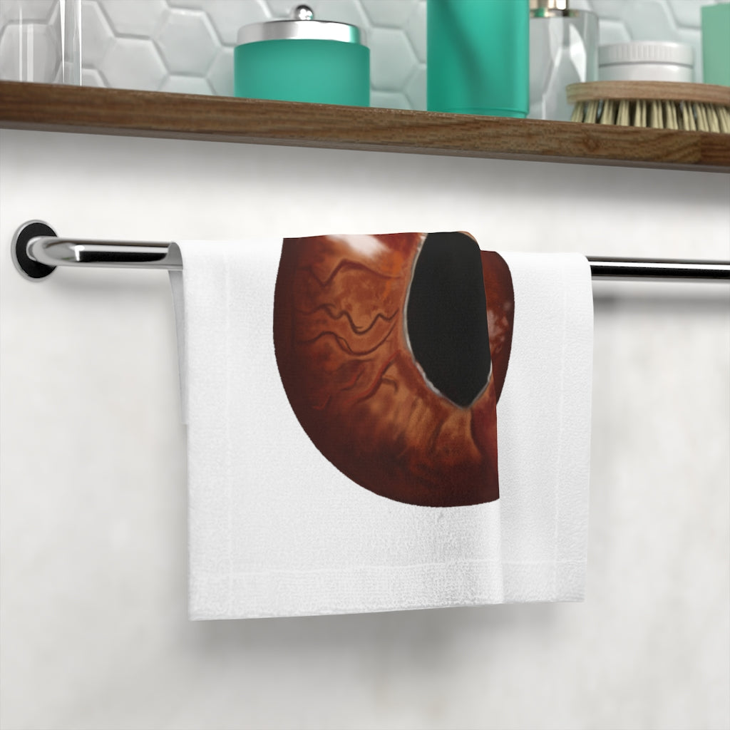 A Cat Eye Face Towel featuring a customizable design on a soft polyester front and absorbent cotton back, measuring 13x13 inches.