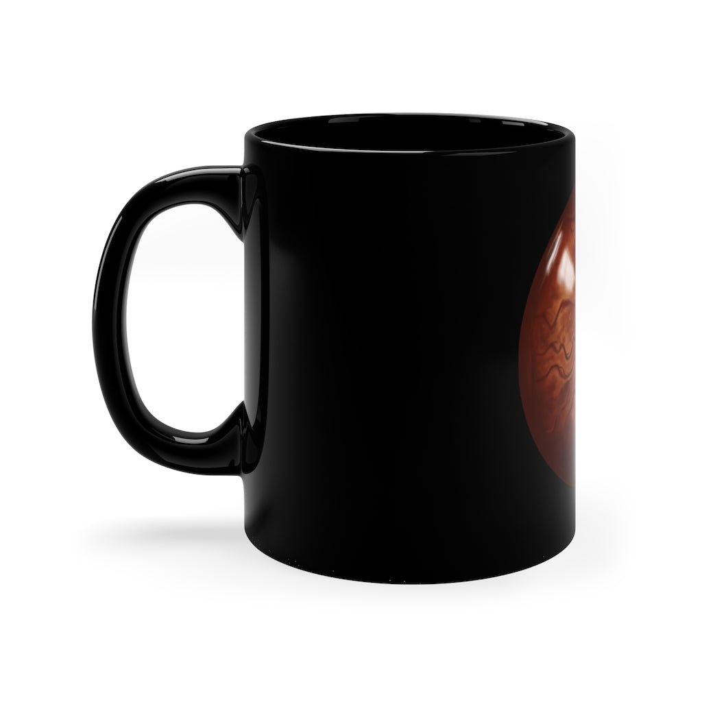 A stylish Cat Eyes 11oz black ceramic mug with a C-handle, perfect for coffee, tea, or hot chocolate.