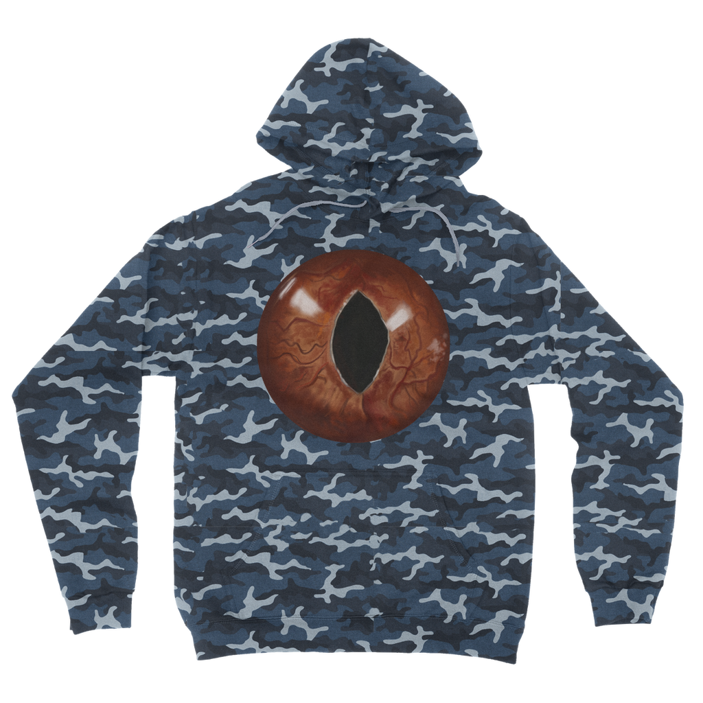 Cat Eyes Camouflage Adult Hoodie featuring a stylish all-over camo print, double fabric hood, and kangaroo pouch pocket.