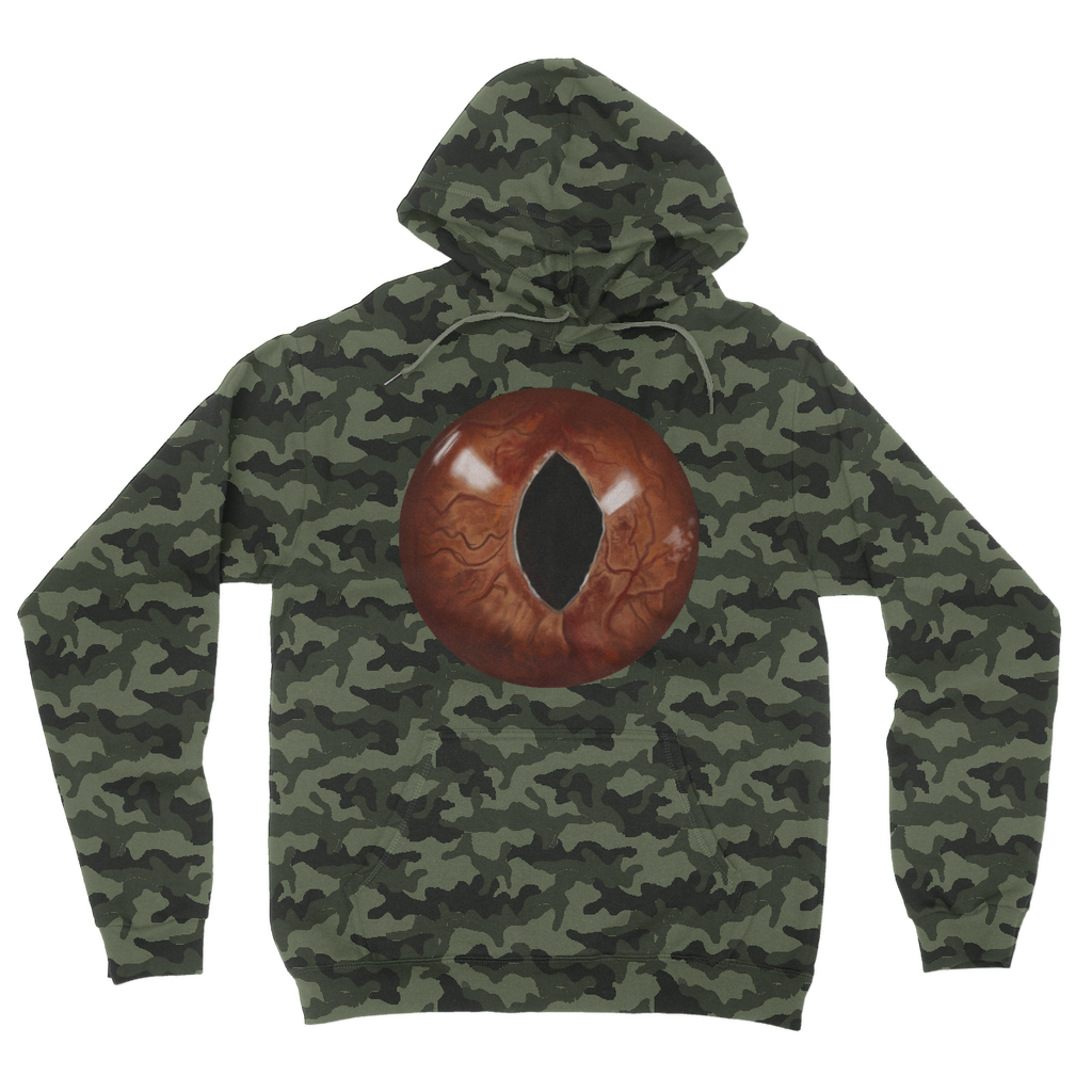 Cat Eyes Camouflage Adult Hoodie featuring a stylish all-over camo print, double fabric hood, and kangaroo pouch pocket.