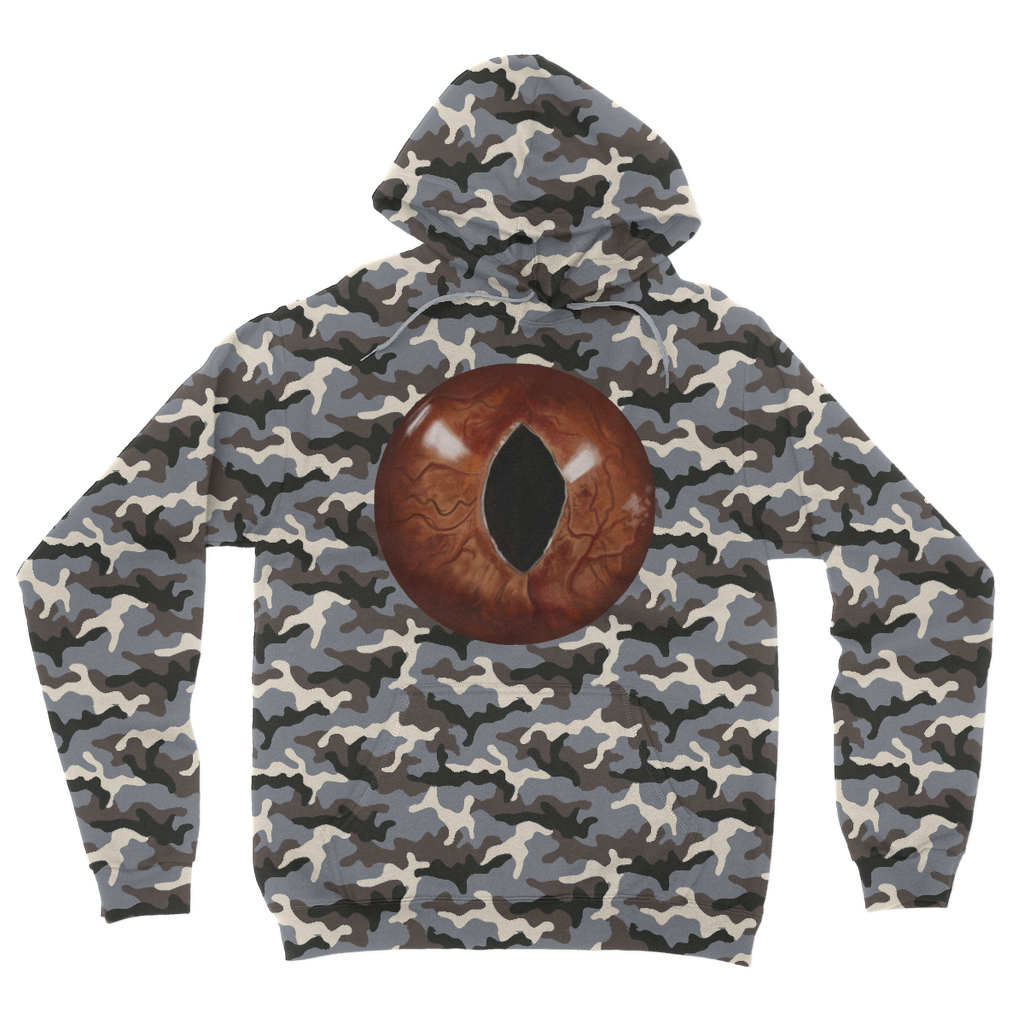 Cat Eyes Camouflage Adult Hoodie featuring a stylish all-over camo print, double fabric hood, and kangaroo pouch pocket.