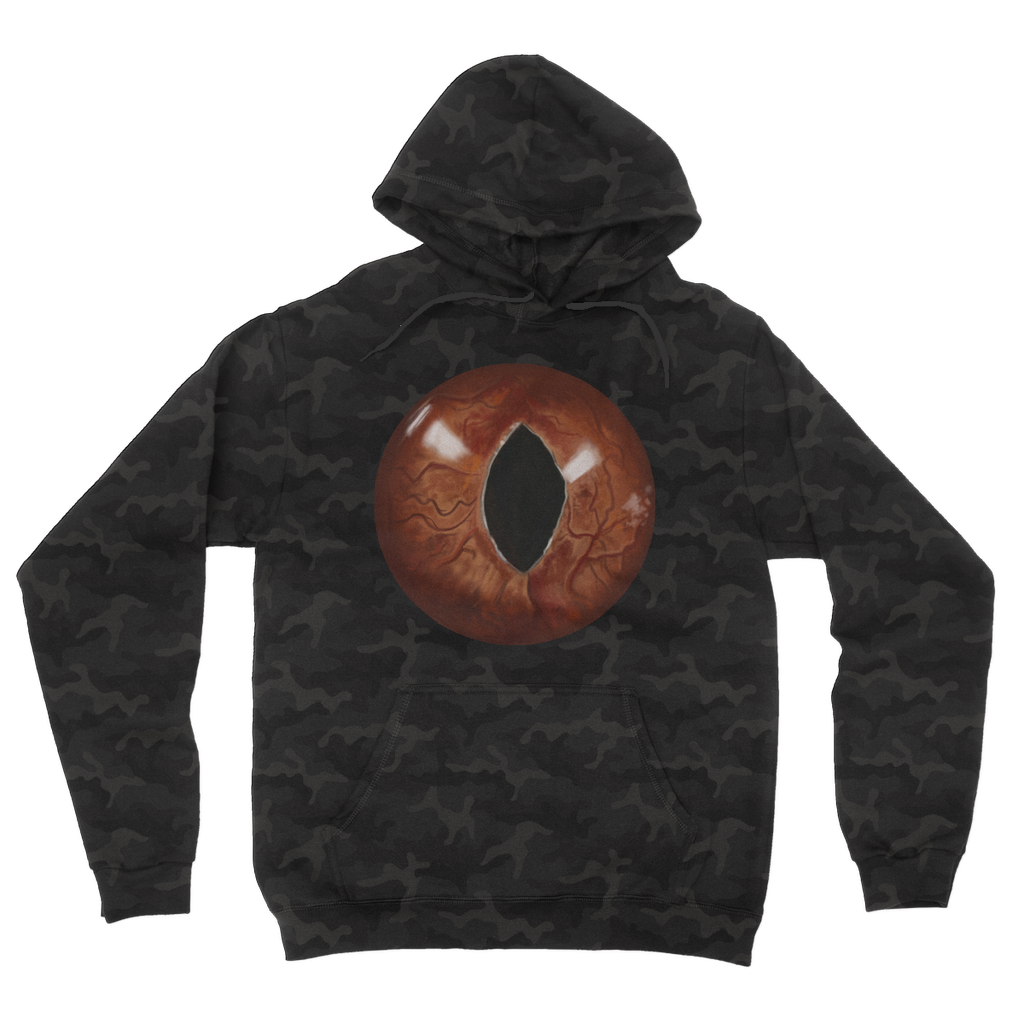 Cat Eyes Camouflage Adult Hoodie featuring a stylish all-over camo print, double fabric hood, and kangaroo pouch pocket.