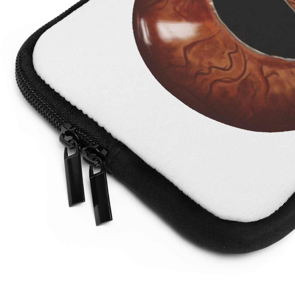 Cat Eyes Laptop Sleeve featuring a customizable front design and solid black back, made from smooth neoprene material.