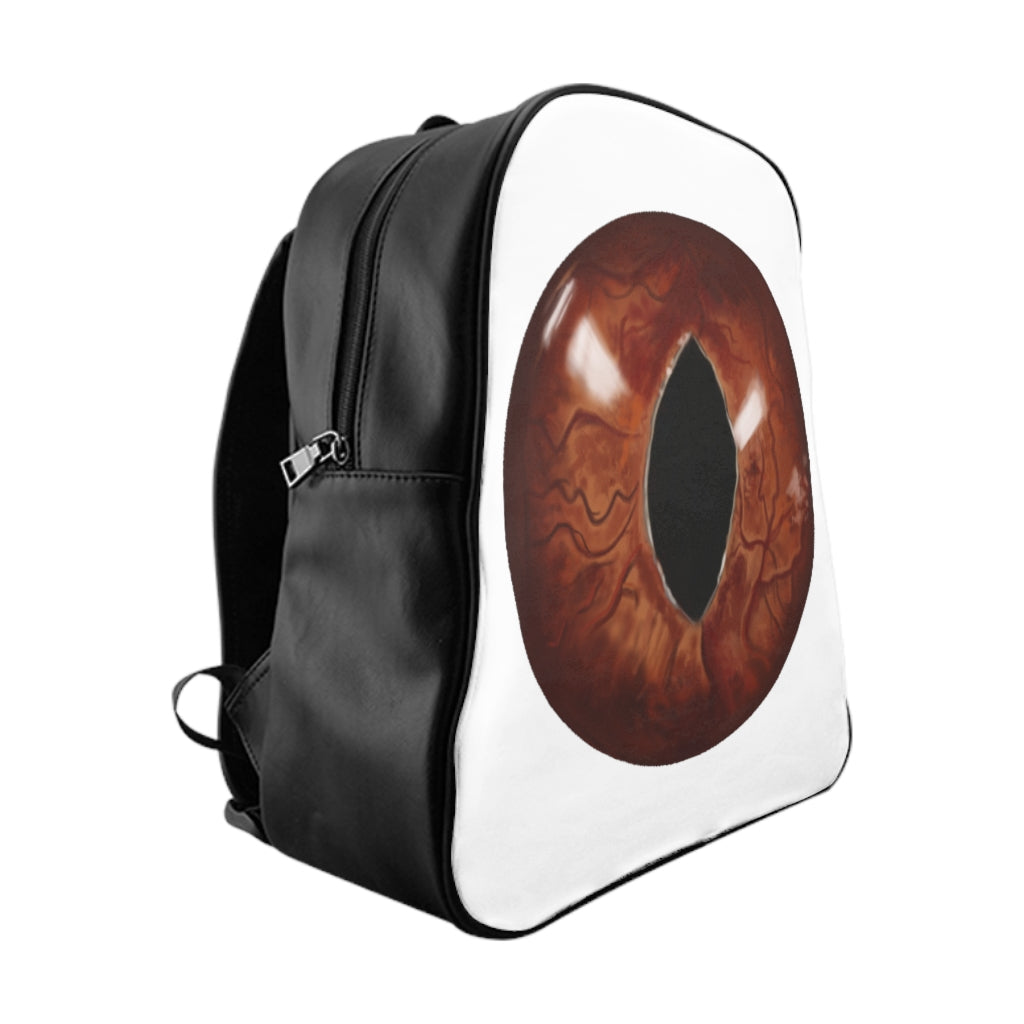 Cat Eyes School Backpack featuring a unique cat eyes print, padded back, and multiple inside pockets, made from durable PU leather.