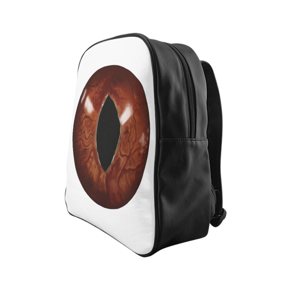 Cat Eyes School Backpack featuring a unique cat eyes print, padded back, and multiple inside pockets, made from durable PU leather.