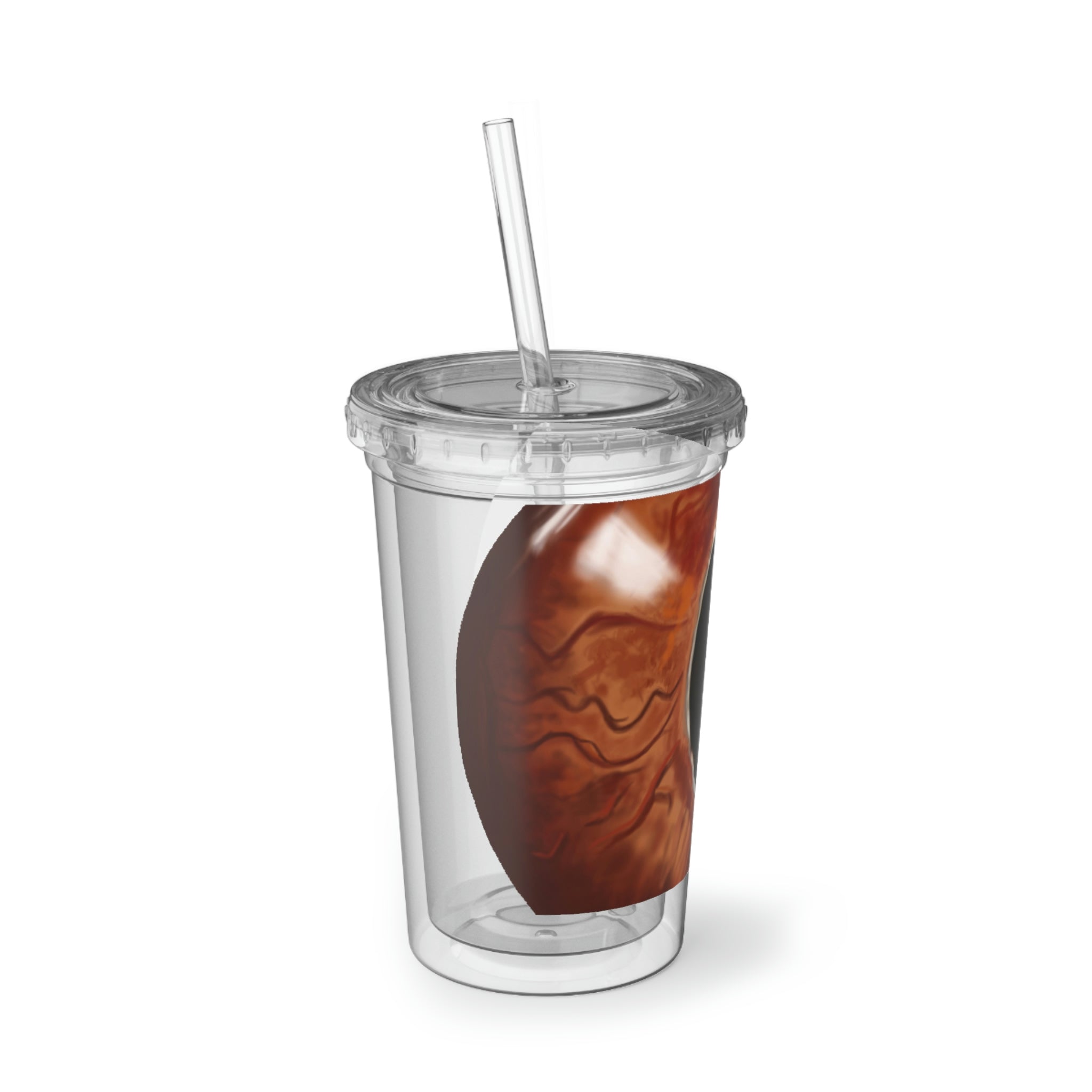 Cat Eyes Suave Acrylic Cup with vibrant artwork, double-wall insulation, and a plastic lid and straw, perfect for hot and cold beverages.