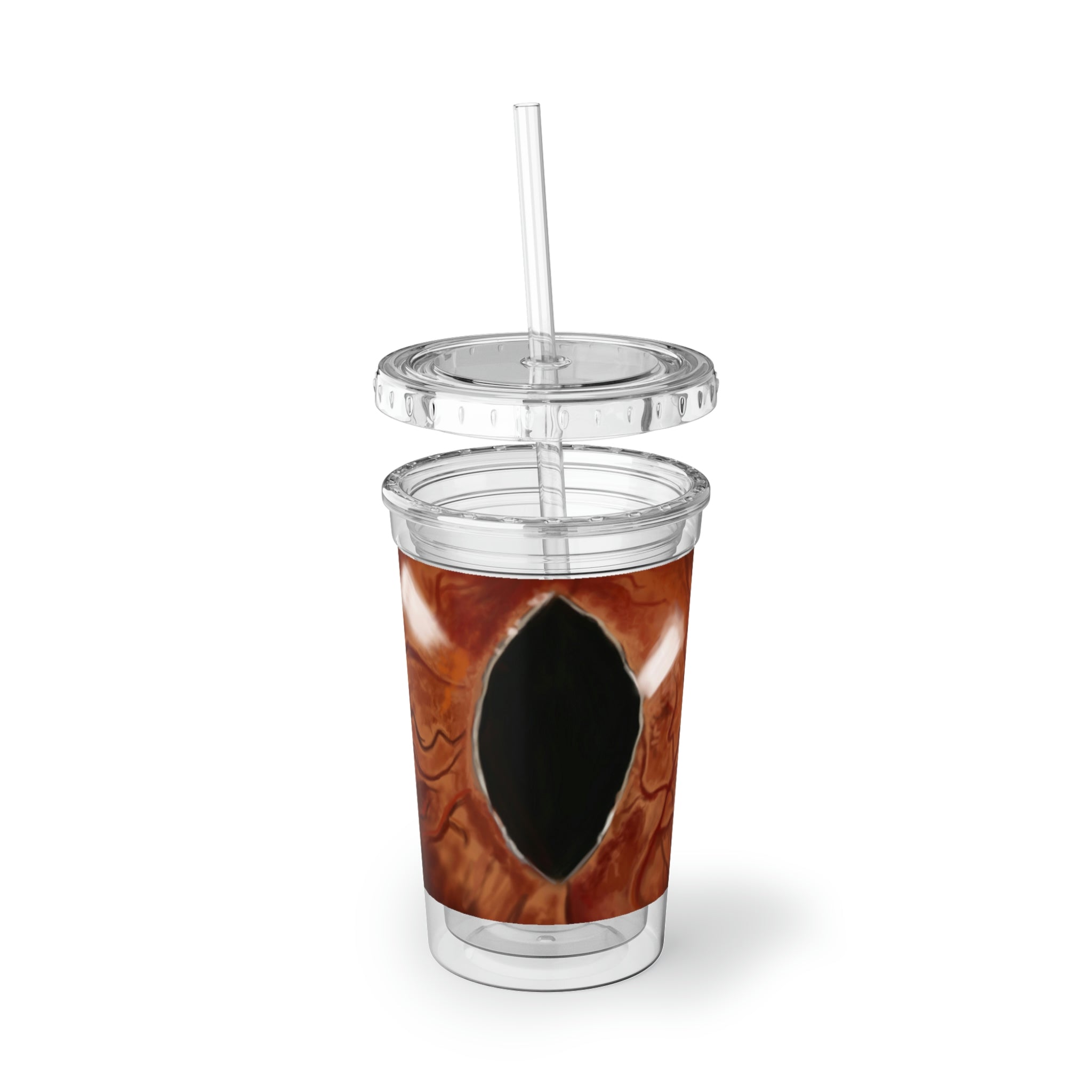 Cat Eyes Suave Acrylic Cup with vibrant artwork, double-wall insulation, and a plastic lid and straw, perfect for hot and cold beverages.