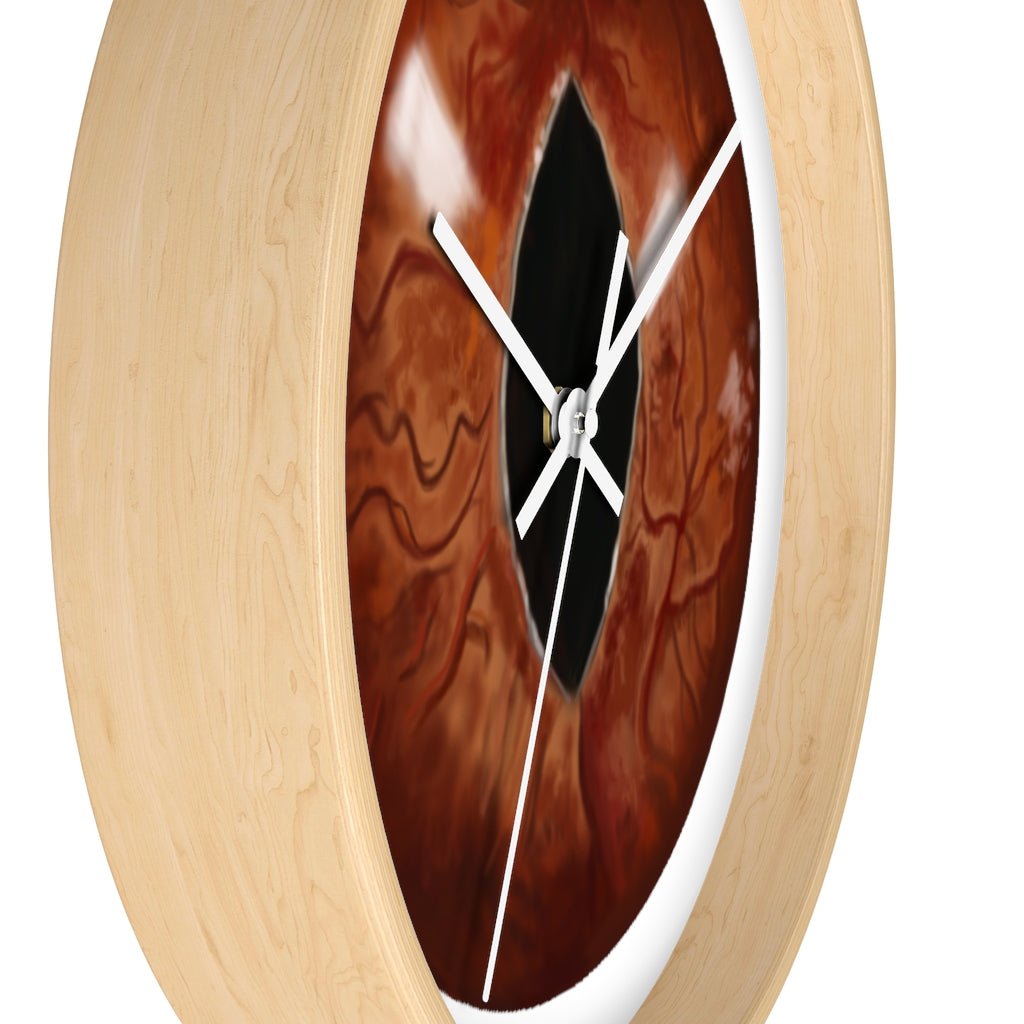 A stylish Cat Eyes Wall Clock featuring a wooden frame and a playful cat design, perfect for indoor decoration.