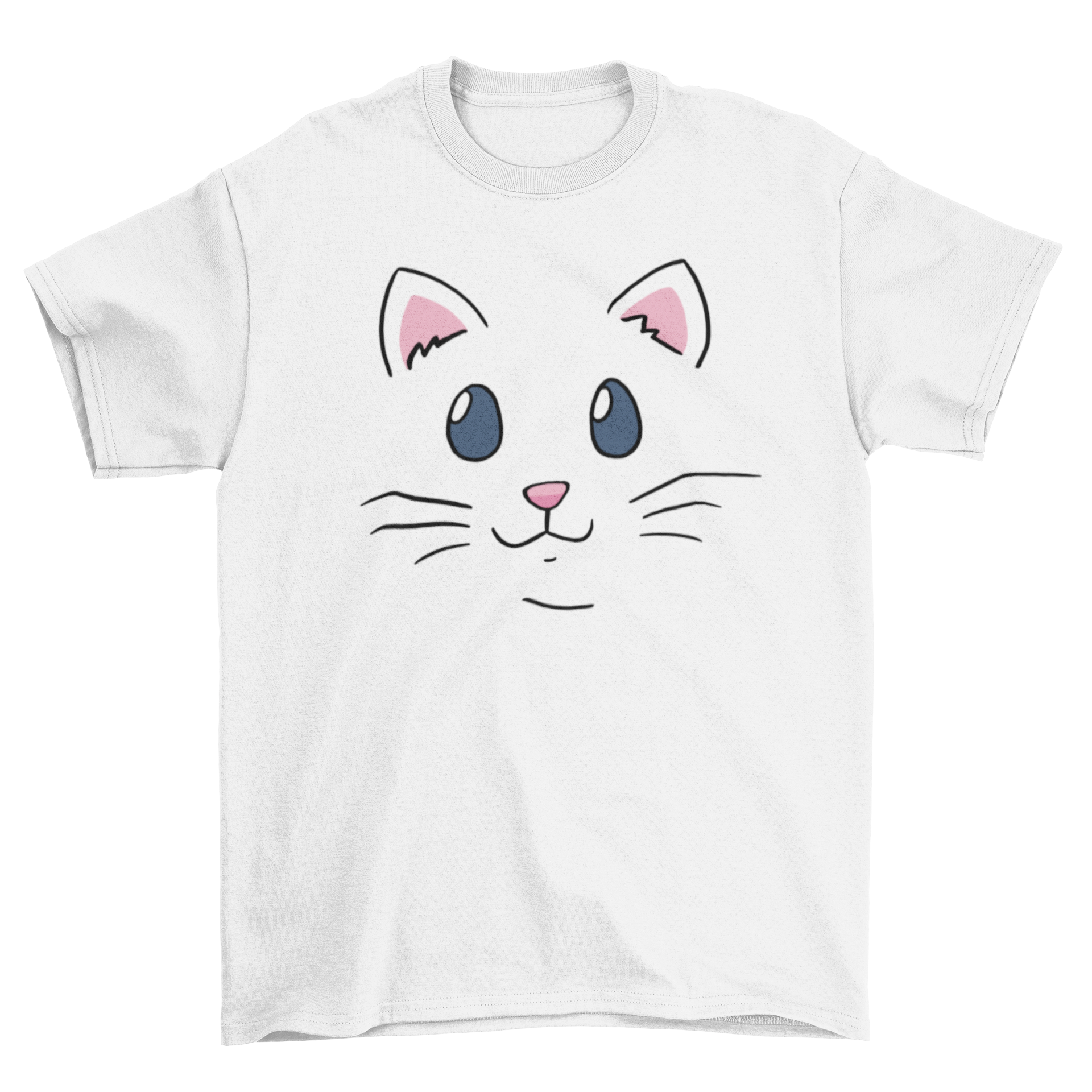 A soft cotton T-shirt featuring a cute cat face design, perfect for casual wear.