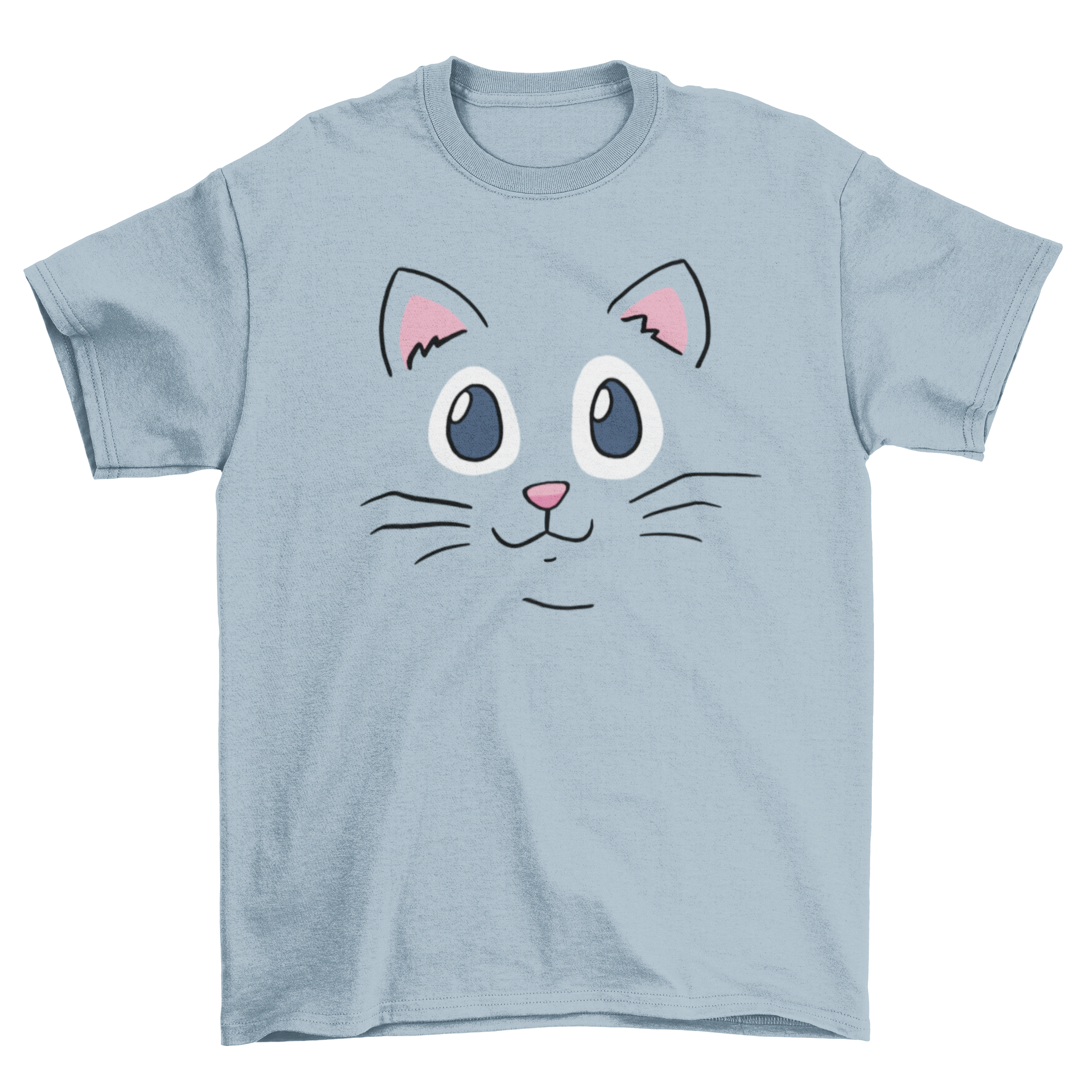 A soft cotton T-shirt featuring a cute cat face design, perfect for casual wear.