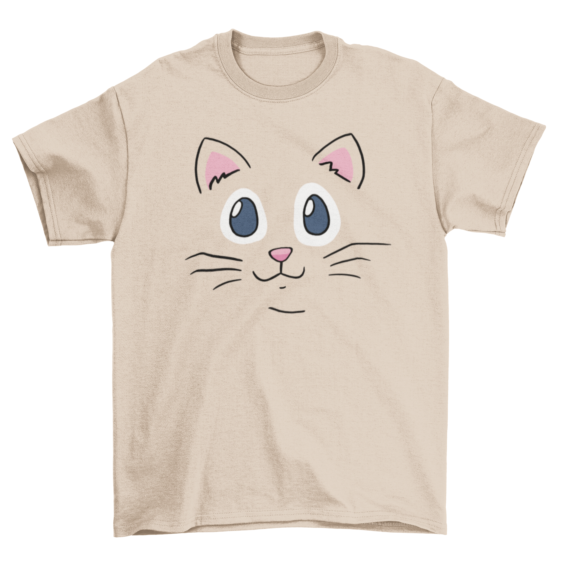 A soft cotton T-shirt featuring a cute cat face design, perfect for casual wear.