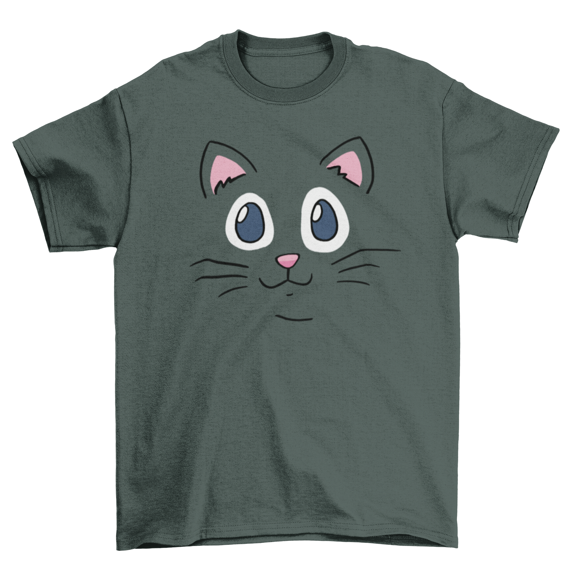 A soft cotton T-shirt featuring a cute cat face design, perfect for casual wear.