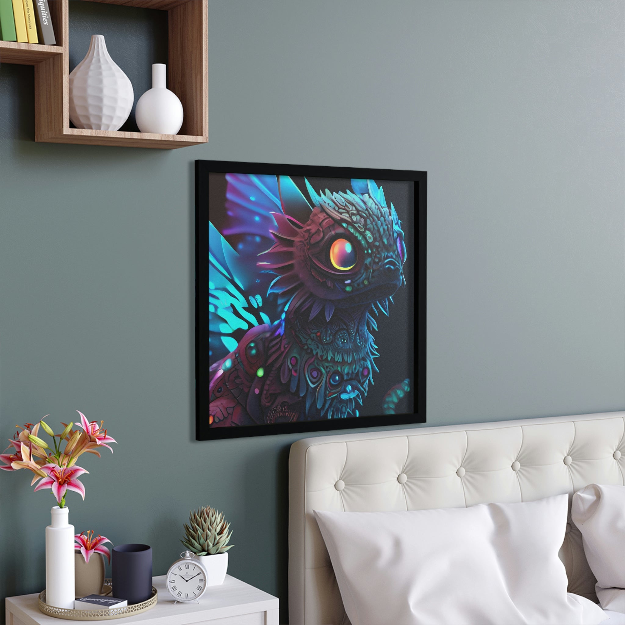 A beautifully framed poster featuring a whimsical cat with feathered wings, set in a handcrafted wooden frame.