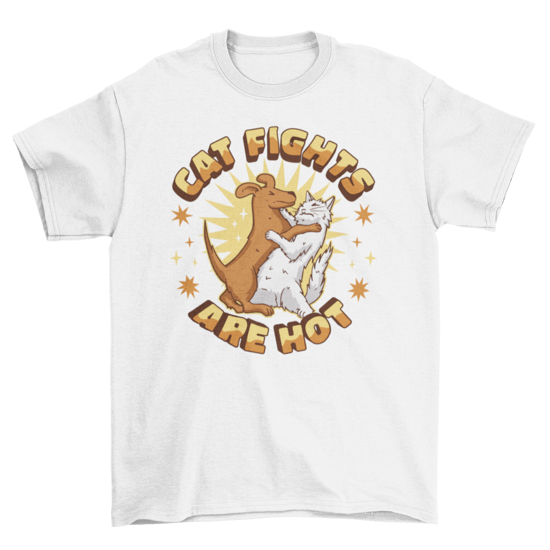 A humorous t-shirt featuring a cat and dog playfully fighting with the quote 'Cat fights are hot'.