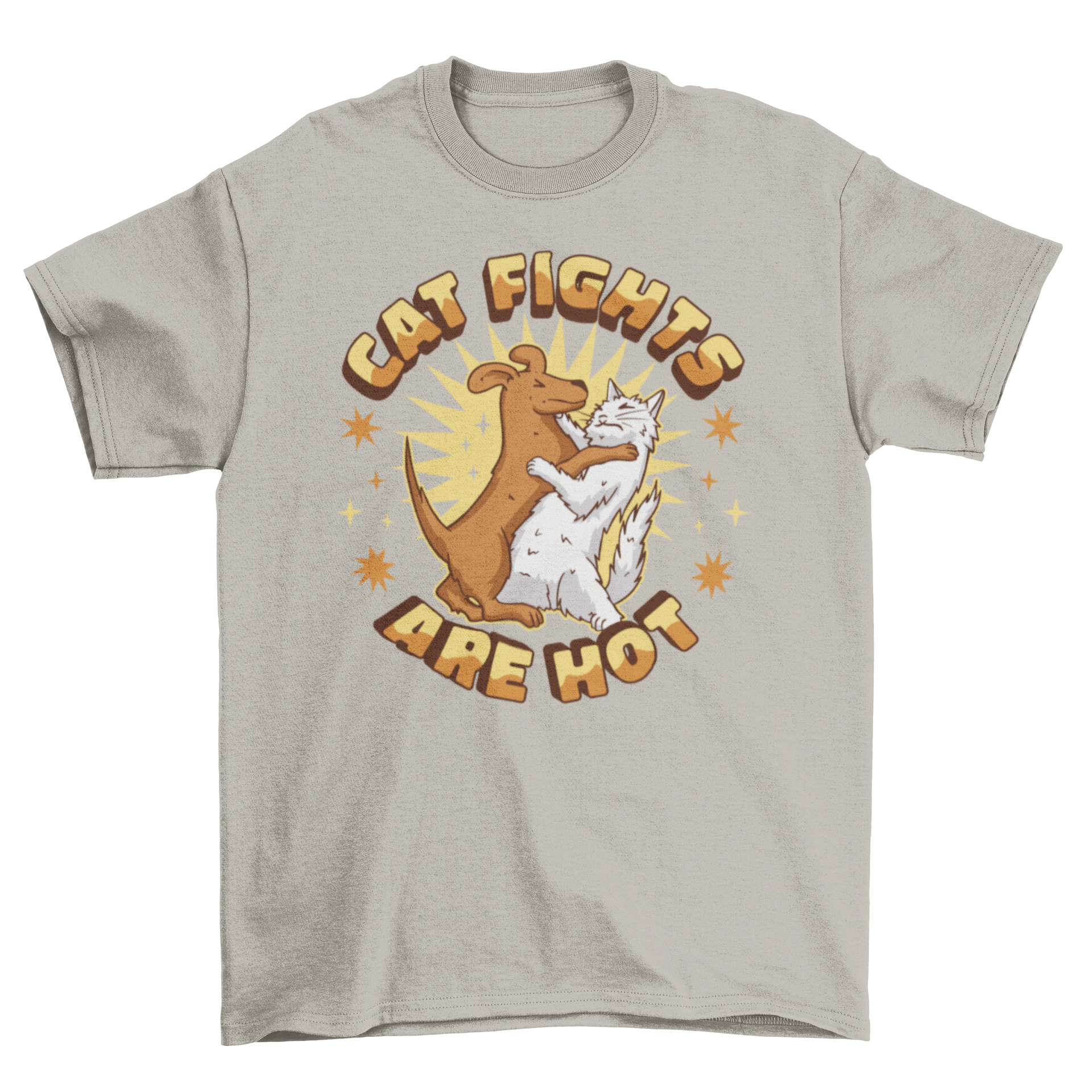 A humorous t-shirt featuring a cat and dog playfully fighting with the quote 'Cat fights are hot'.