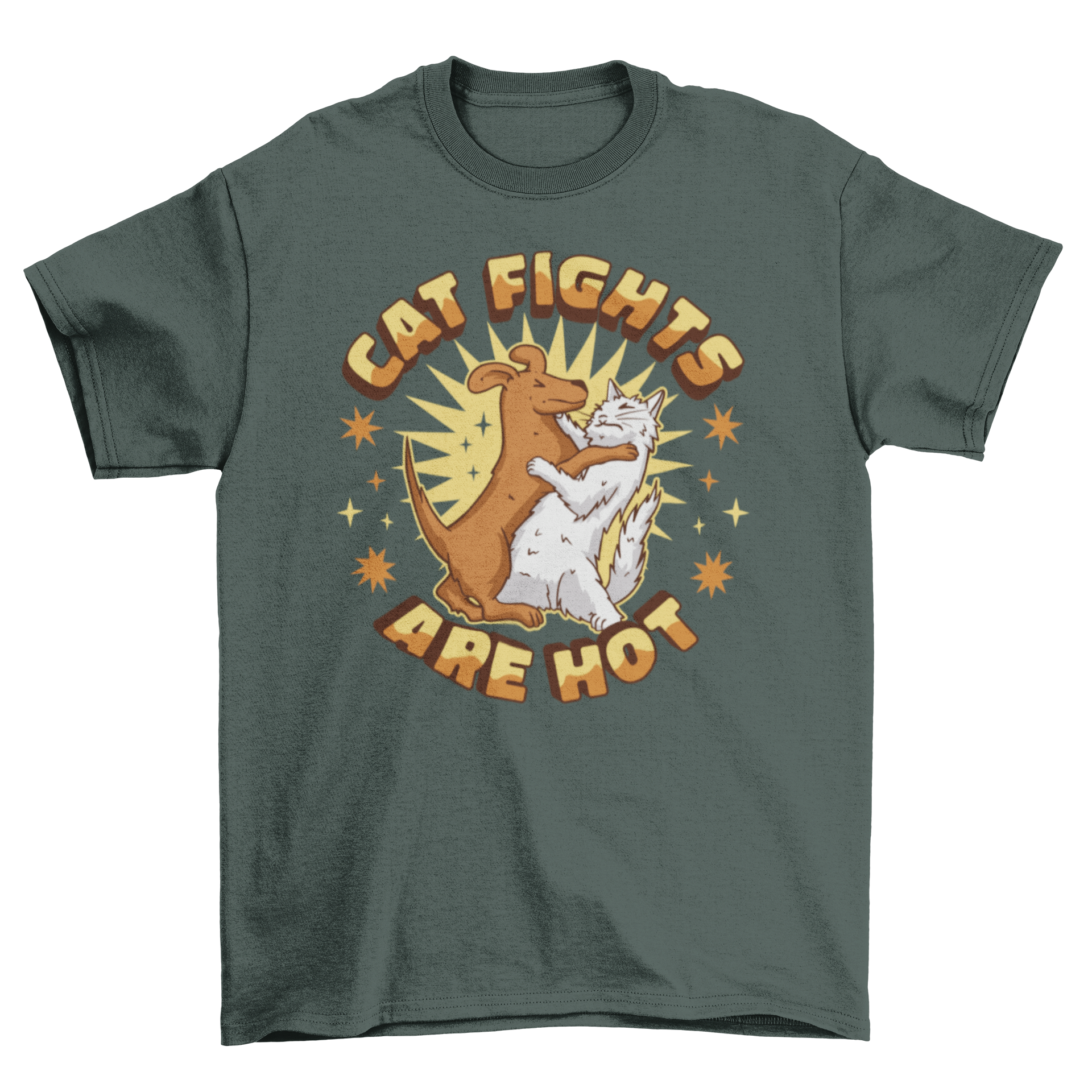 A humorous t-shirt featuring a cat and dog playfully fighting with the quote 'Cat fights are hot'.