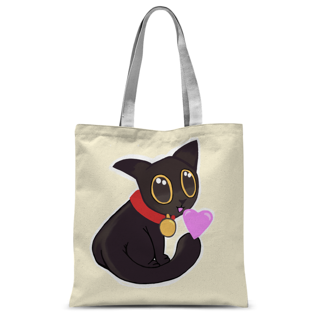 A stylish Cat Illustration Classic Sublimation Tote Bag featuring a vibrant cat design, made from durable 300D polyester with long handles.