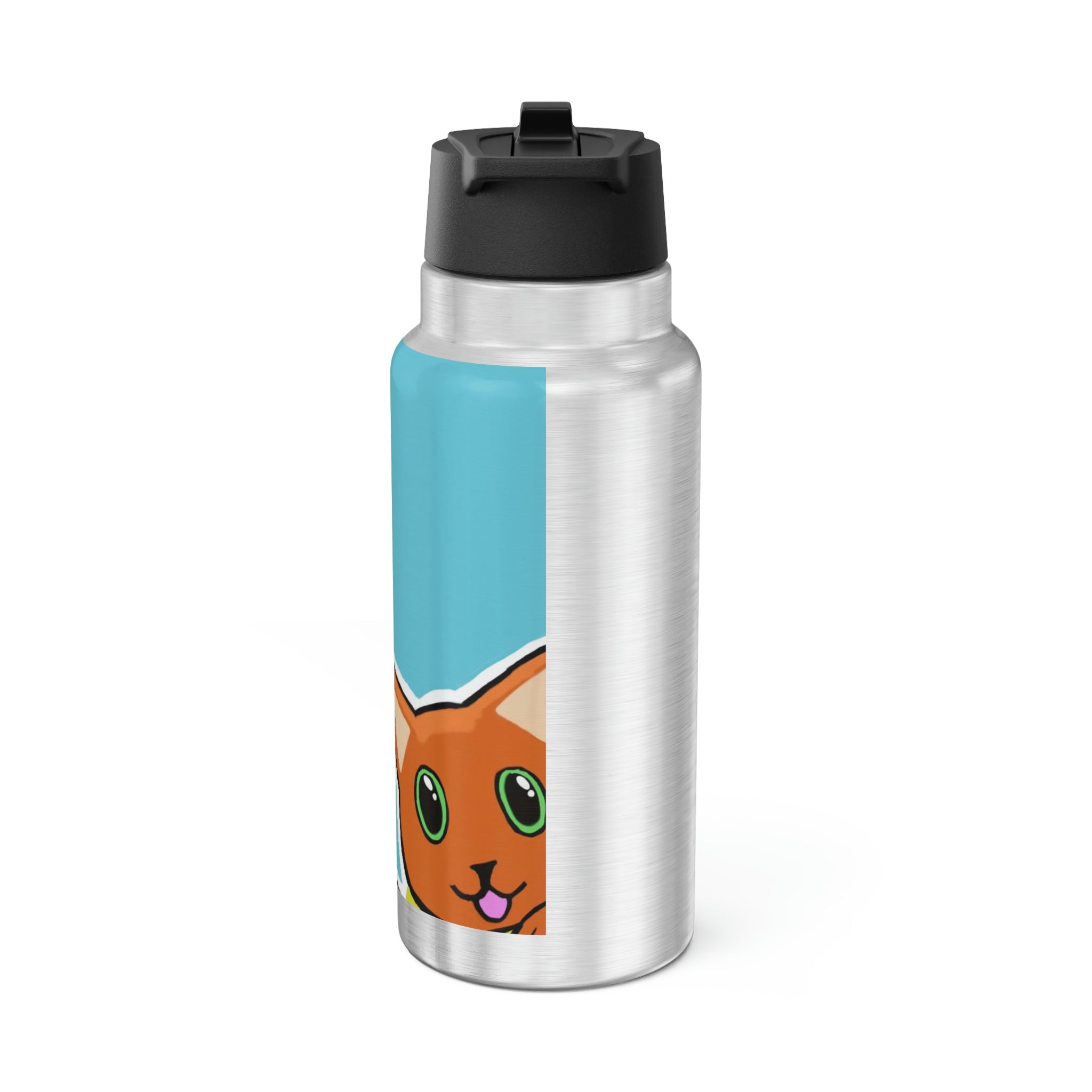 A stylish 32oz Cat Illustration Gator Tumbler made of stainless steel with a black screw-on cap and a plastic straw, featuring a vibrant cat design.