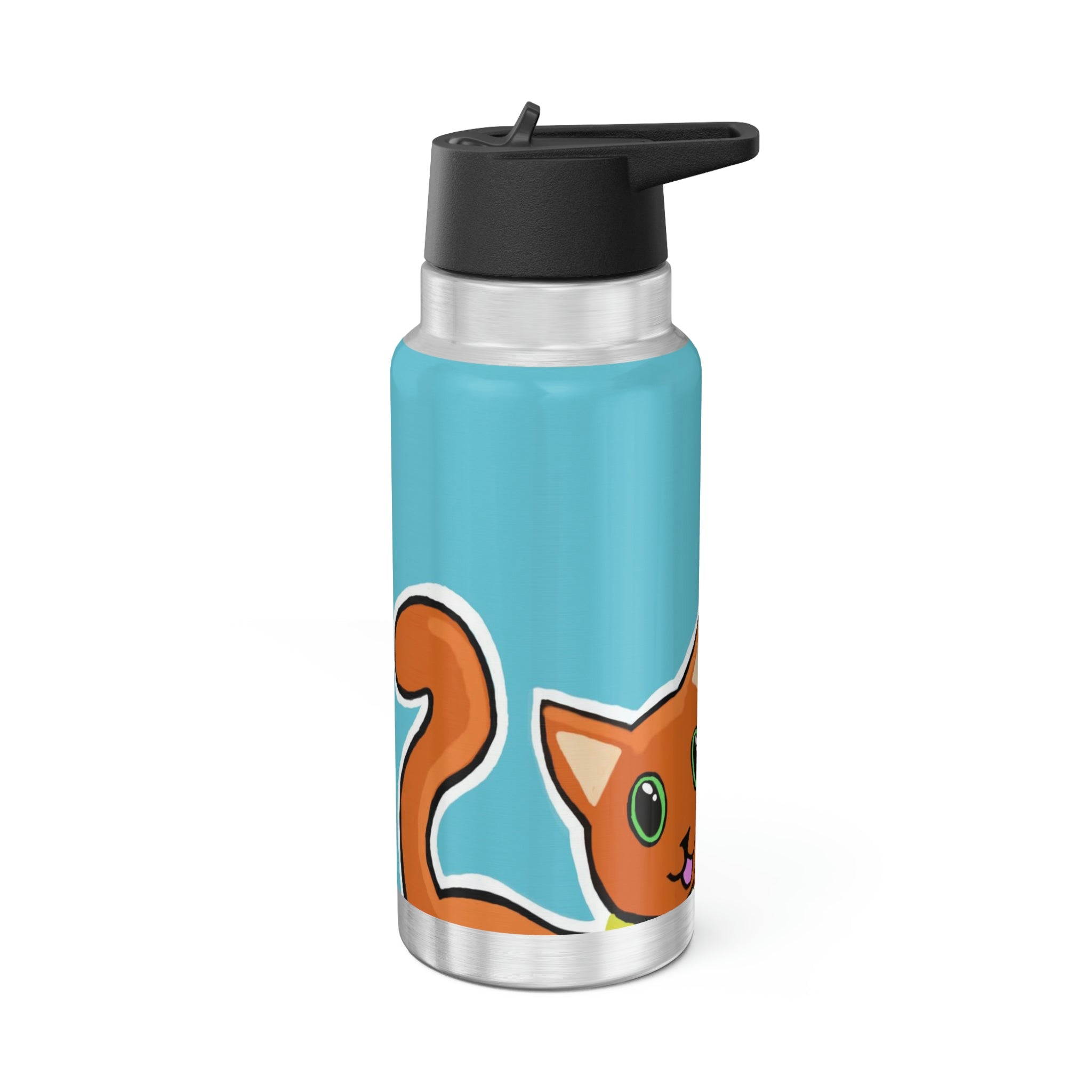 A stylish 32oz Cat Illustration Gator Tumbler made of stainless steel with a black screw-on cap and a plastic straw, featuring a vibrant cat design.