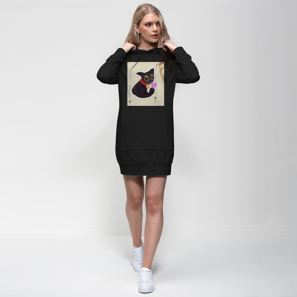 A stylish Cat Illustration Premium Adult Hoodie Dress featuring a playful cat print, relaxed fit, and functional hood with drawstring.