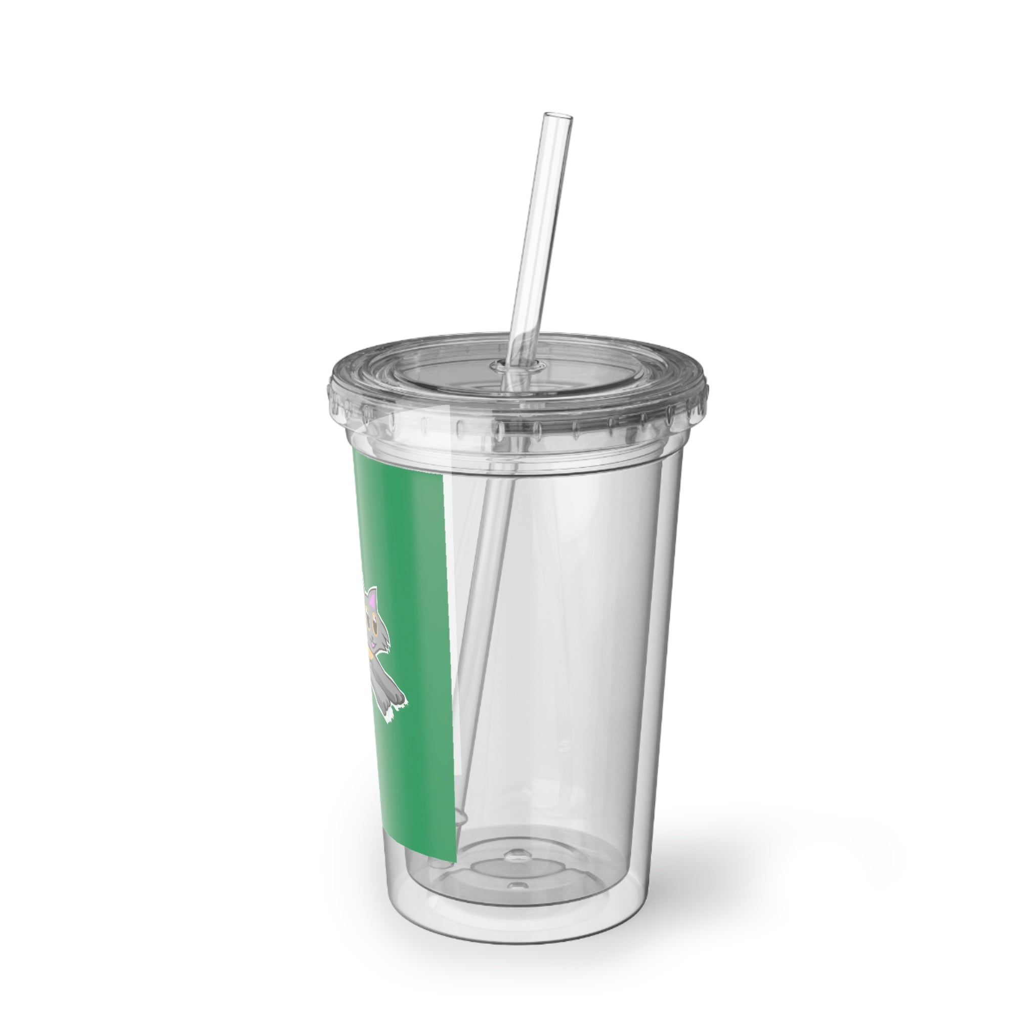 A stylish Cat Illustration Suave Acrylic Cup featuring a vibrant cat design, double-wall insulation, and a plastic lid with a straw.