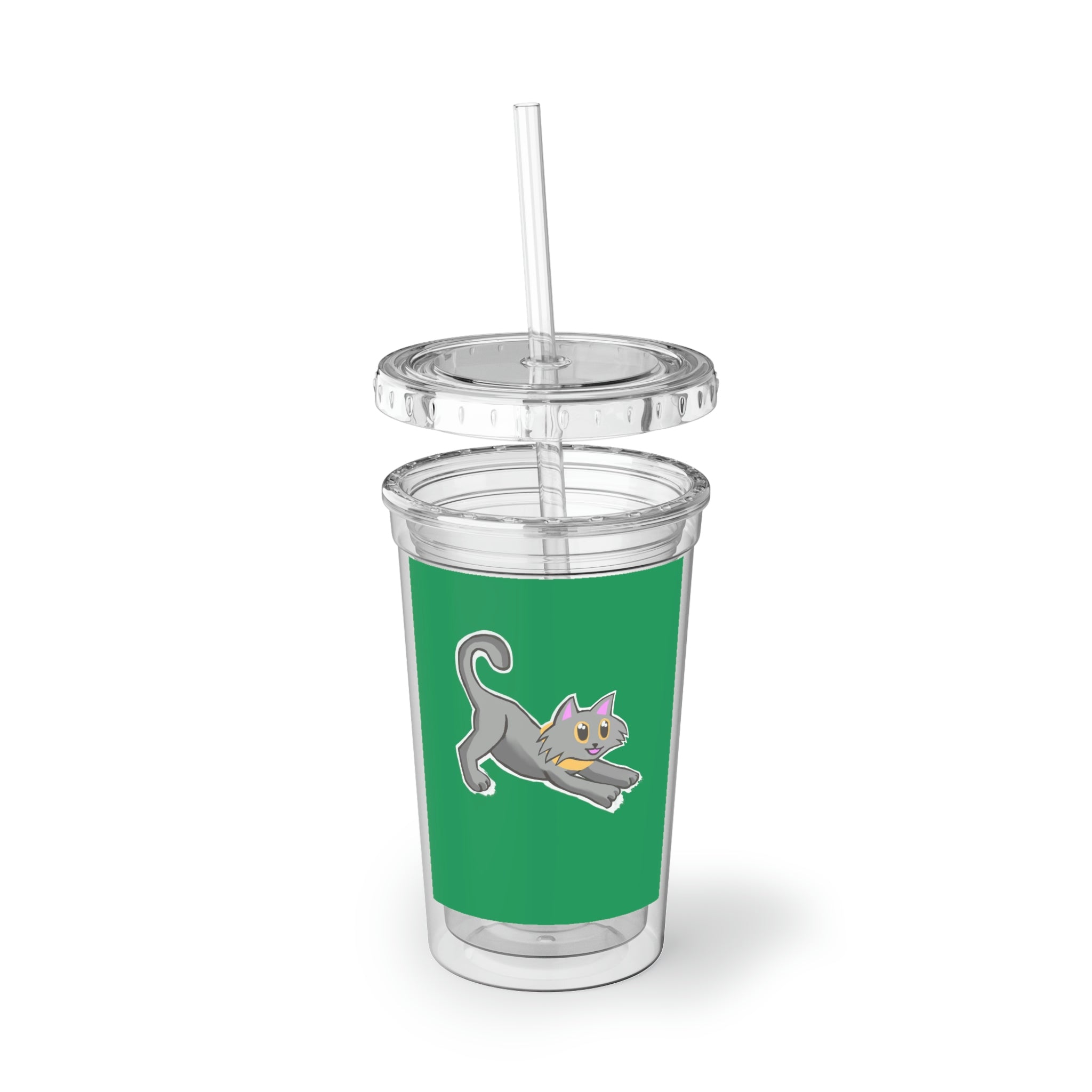 A stylish Cat Illustration Suave Acrylic Cup featuring a vibrant cat design, double-wall insulation, and a plastic lid with a straw.