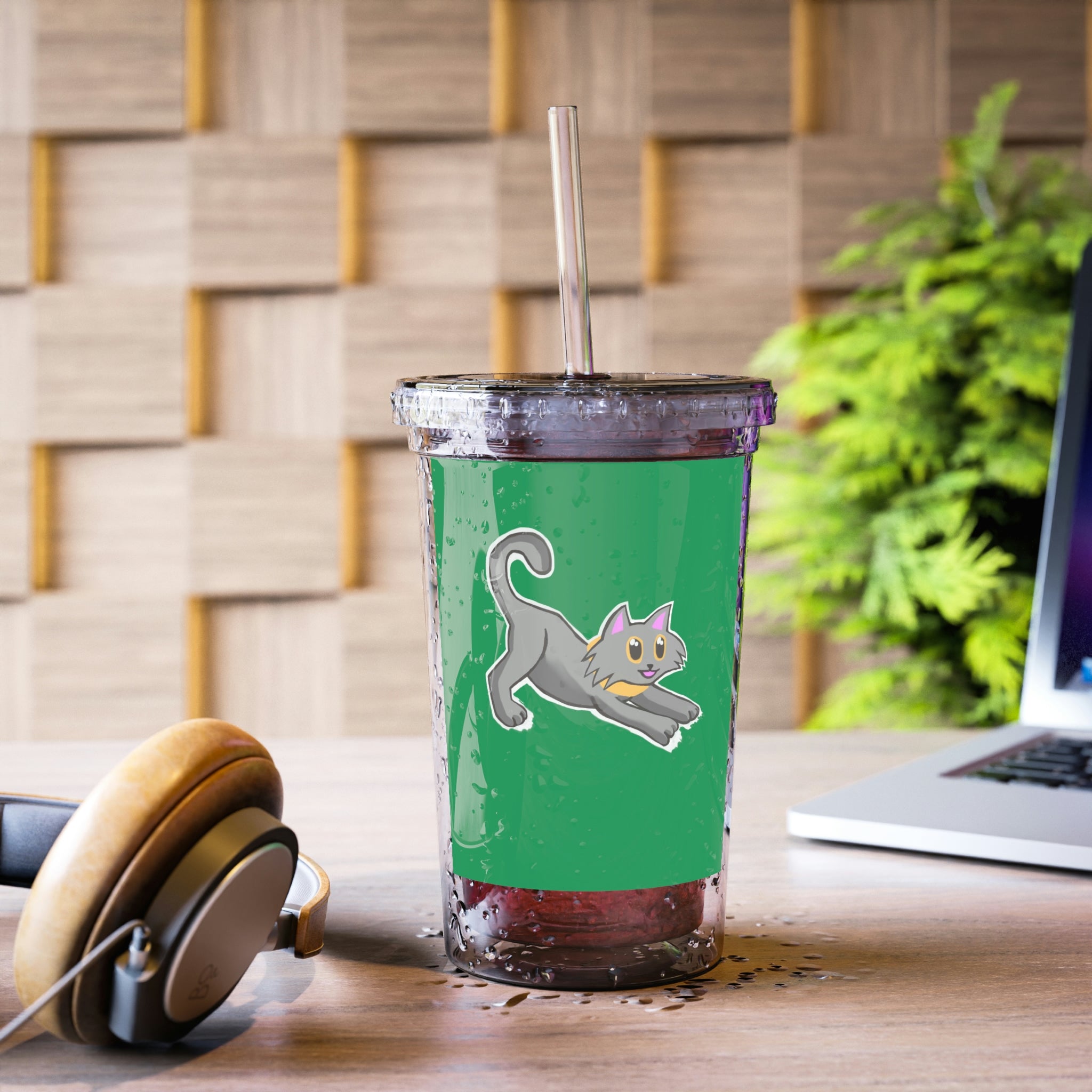 A stylish Cat Illustration Suave Acrylic Cup featuring a vibrant cat design, double-wall insulation, and a plastic lid with a straw.