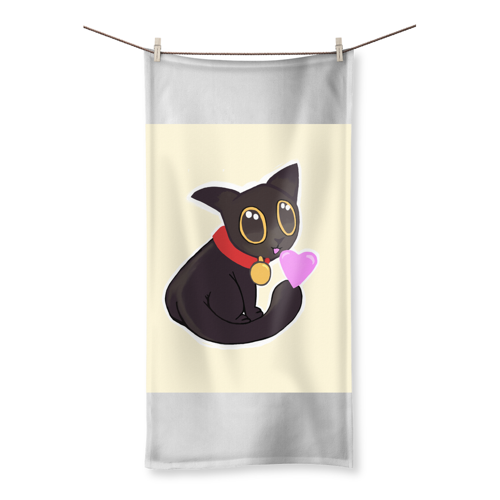 A vibrant towel featuring colorful cat illustrations on one side and soft cotton backing on the other, perfect for drying off.