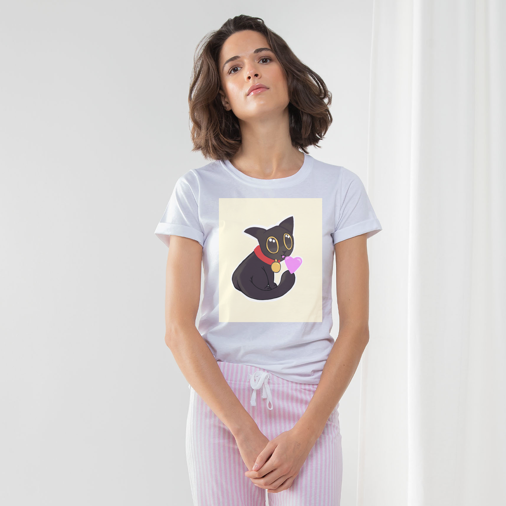 A stylish Cat Illustration Women's Long Pant Pyjama Set featuring a white t-shirt with turn-up cuffs and Heather Grey or Light Pink striped pants.