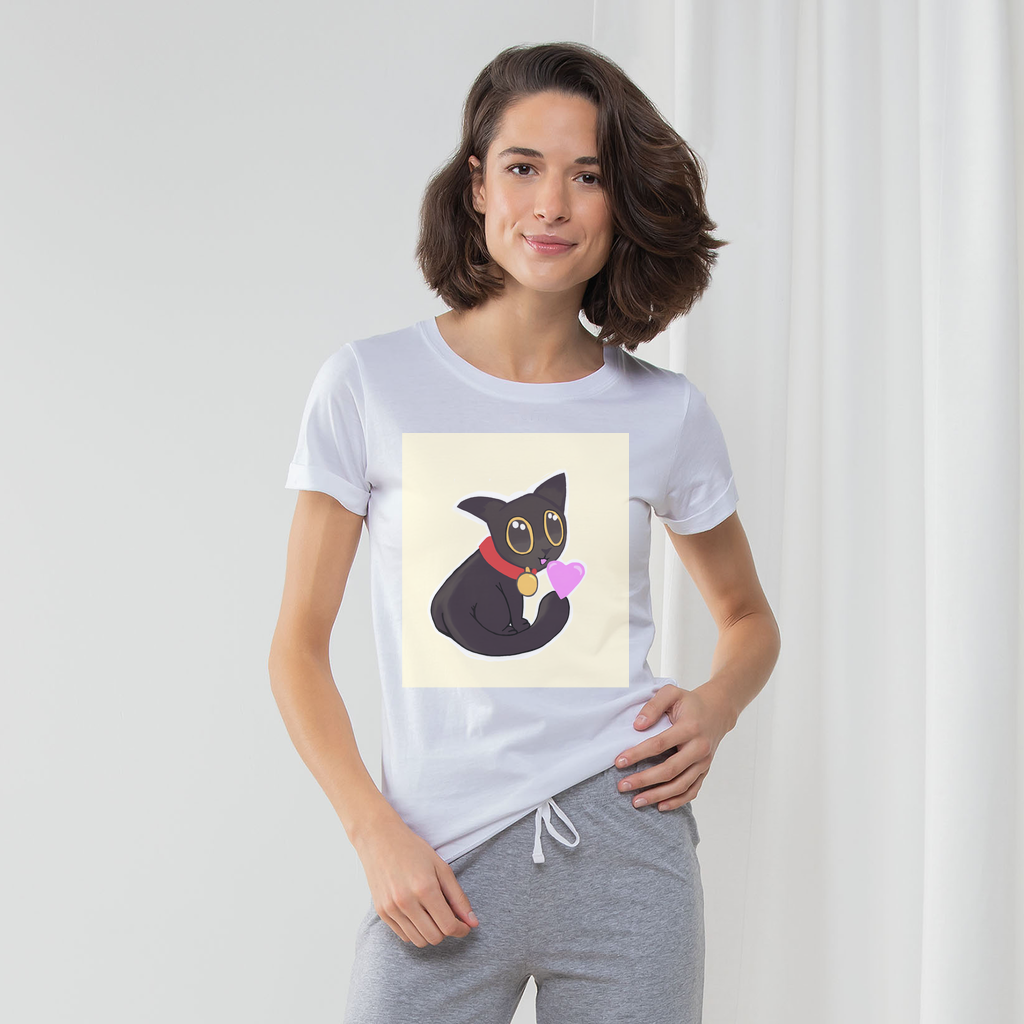 A stylish Cat Illustration Women's Long Pant Pyjama Set featuring a white t-shirt with turn-up cuffs and Heather Grey or Light Pink striped pants.