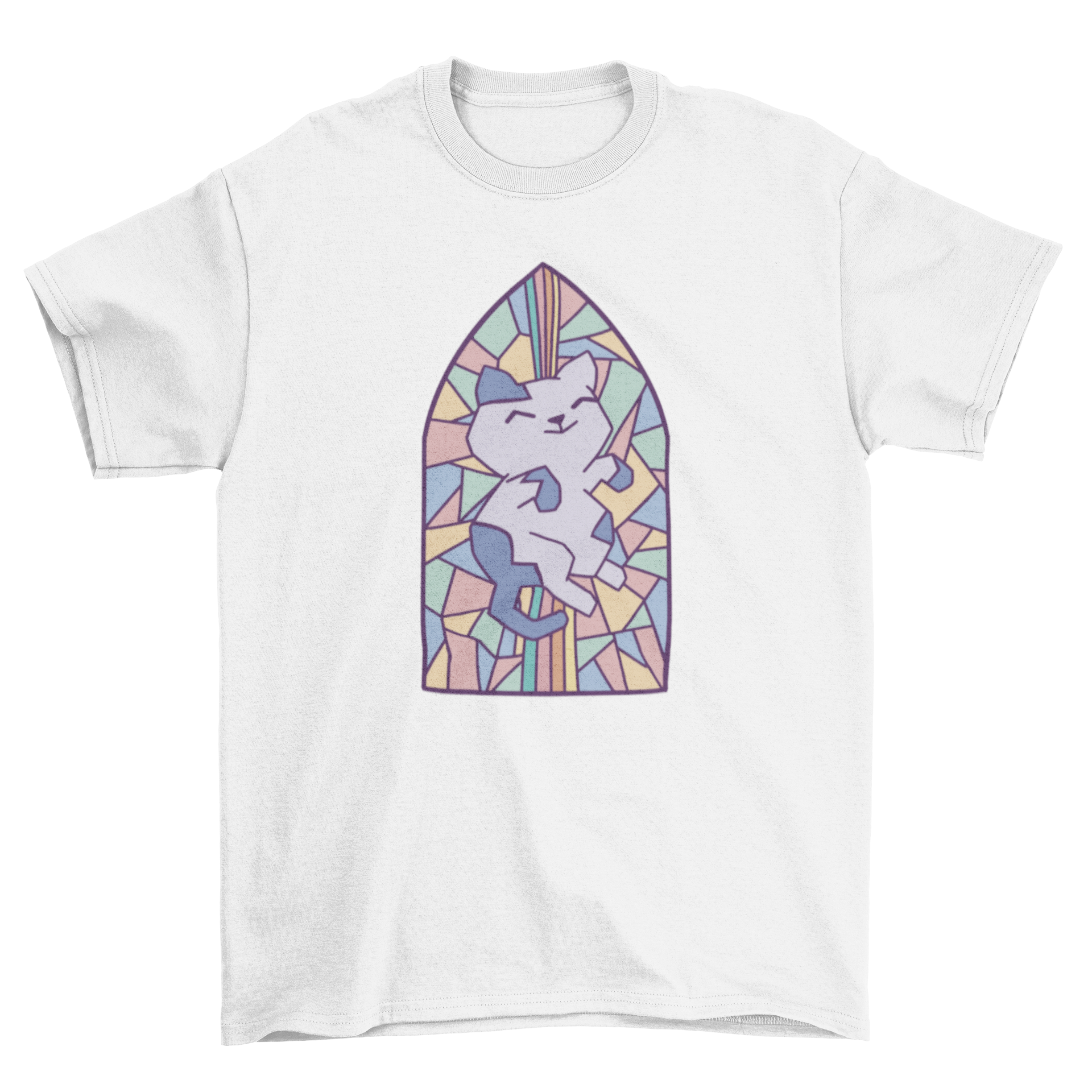 A colorful t-shirt featuring a cat design in a stained glass church window.