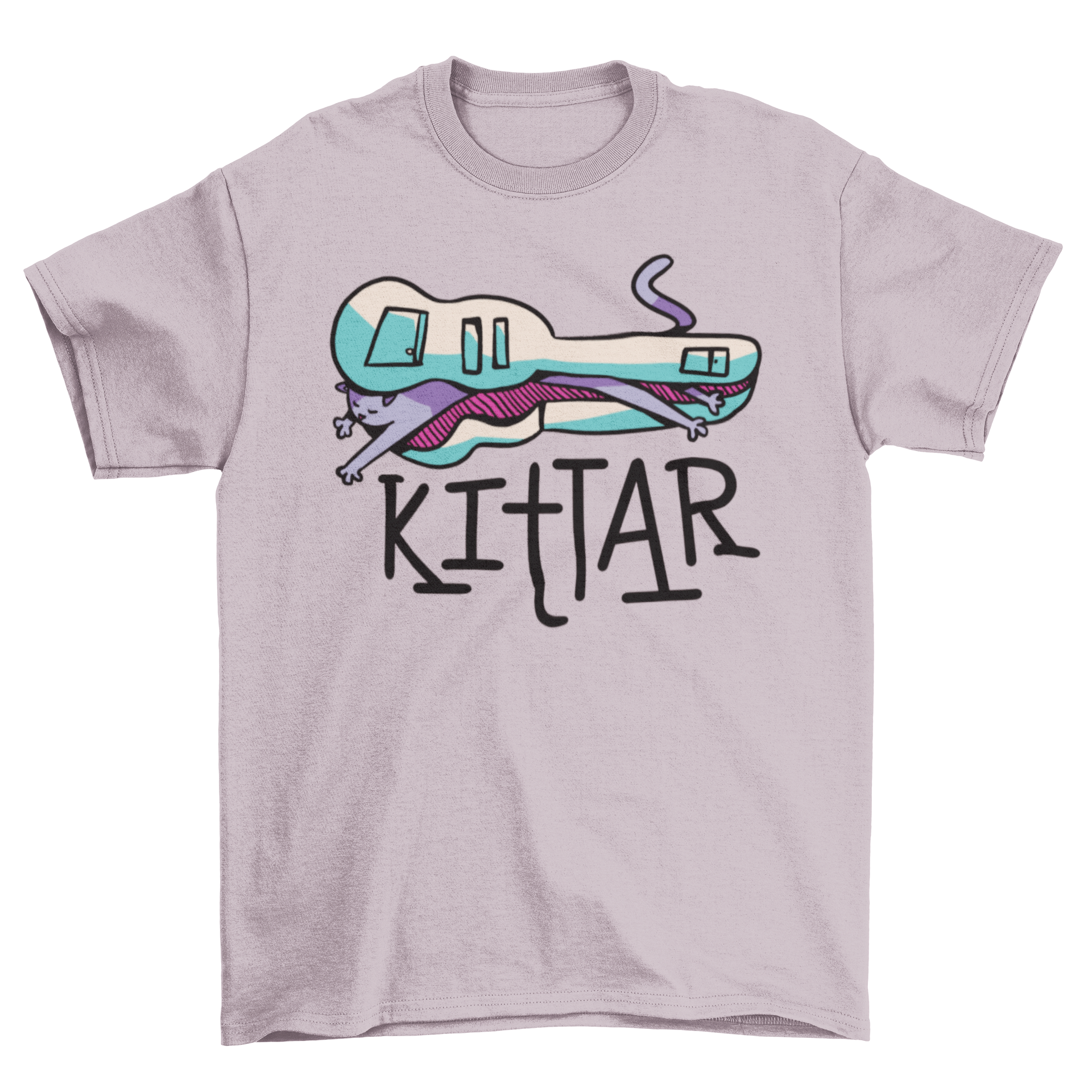 A humorous t-shirt featuring a cat sleeping inside a guitar sleeve with the caption 'Kittar'.