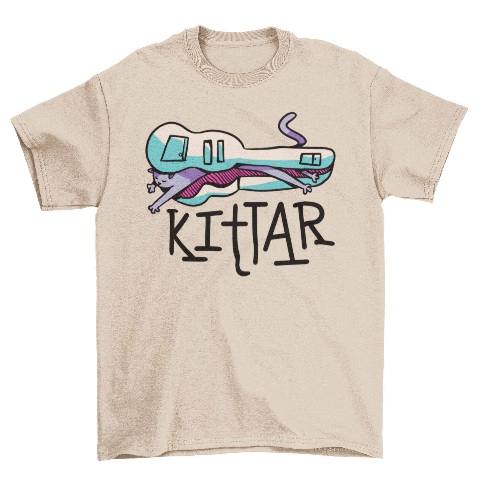 A humorous t-shirt featuring a cat sleeping inside a guitar sleeve with the caption 'Kittar'.