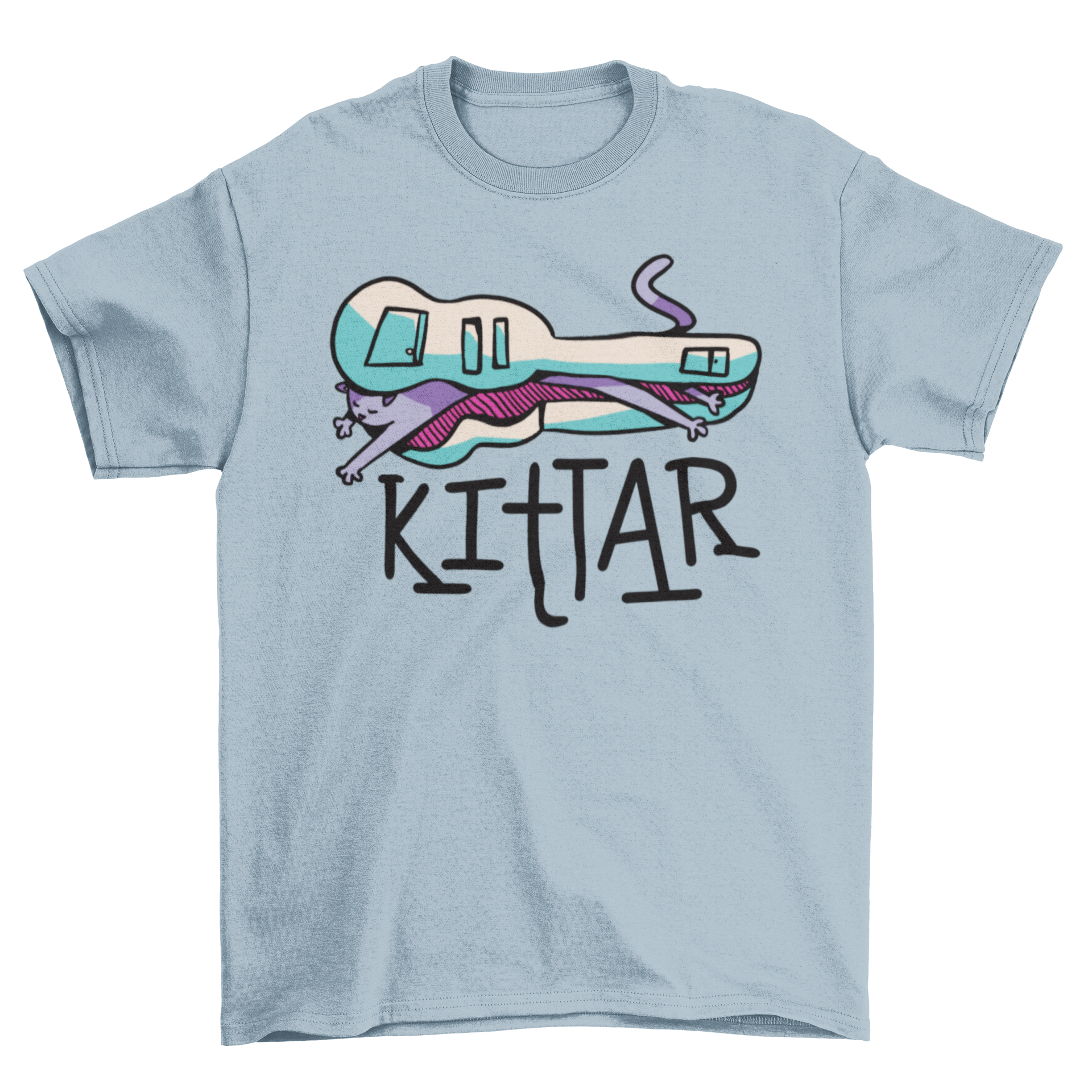 A humorous t-shirt featuring a cat sleeping inside a guitar sleeve with the caption 'Kittar'.