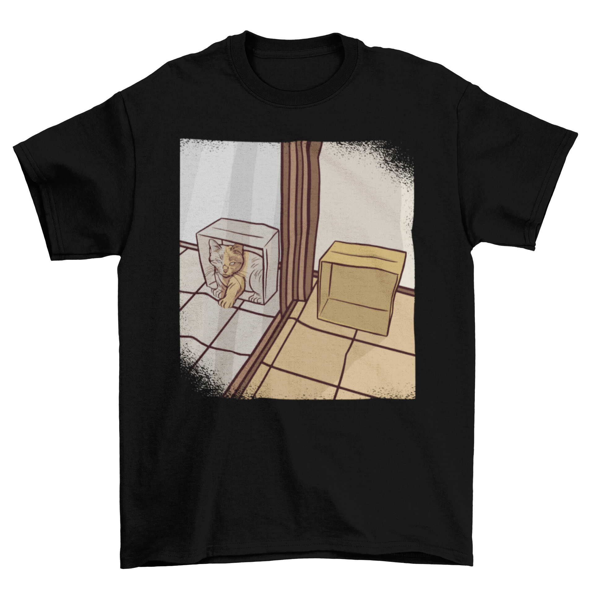 A stylish t-shirt featuring a whimsical design of a cat in a box reflected in a mirror, perfect for cat lovers.