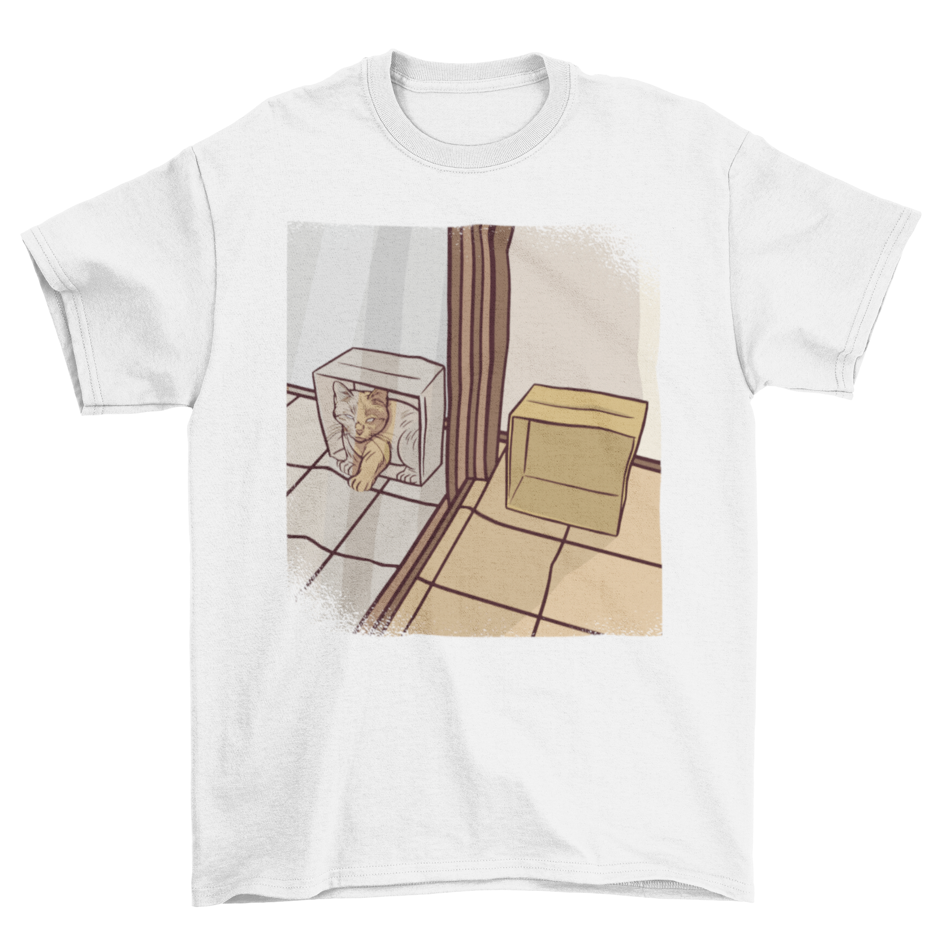 A stylish t-shirt featuring a whimsical design of a cat in a box reflected in a mirror, perfect for cat lovers.