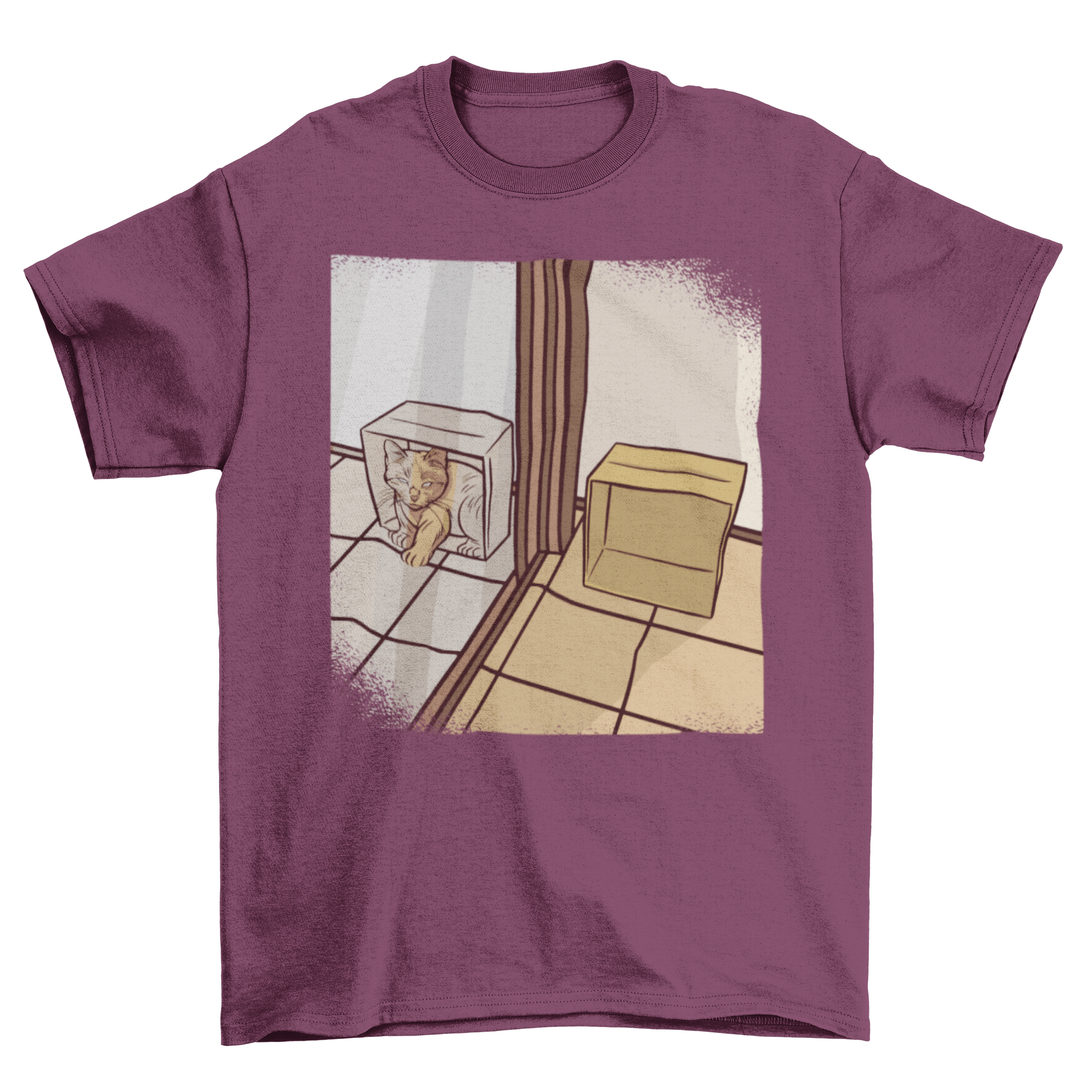 A stylish t-shirt featuring a whimsical design of a cat in a box reflected in a mirror, perfect for cat lovers.