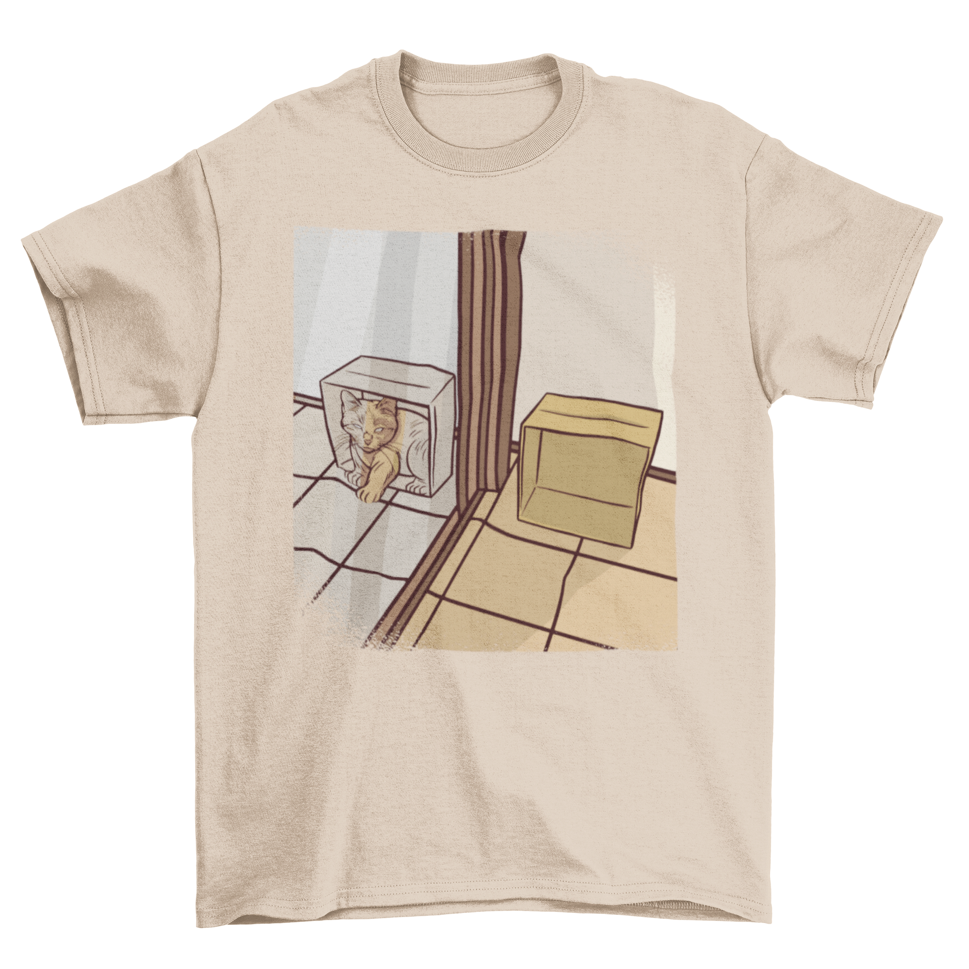 A stylish t-shirt featuring a whimsical design of a cat in a box reflected in a mirror, perfect for cat lovers.