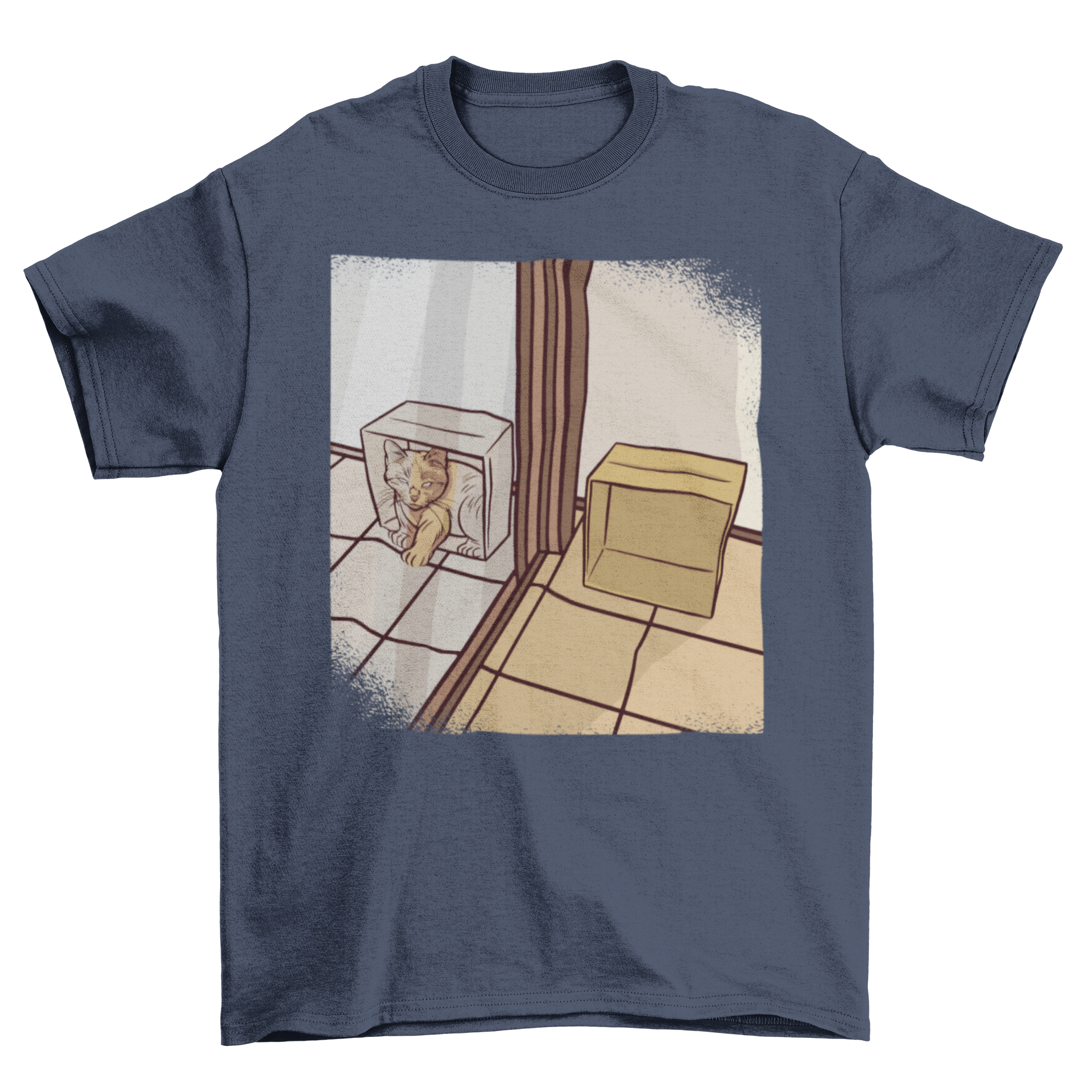 A stylish t-shirt featuring a whimsical design of a cat in a box reflected in a mirror, perfect for cat lovers.