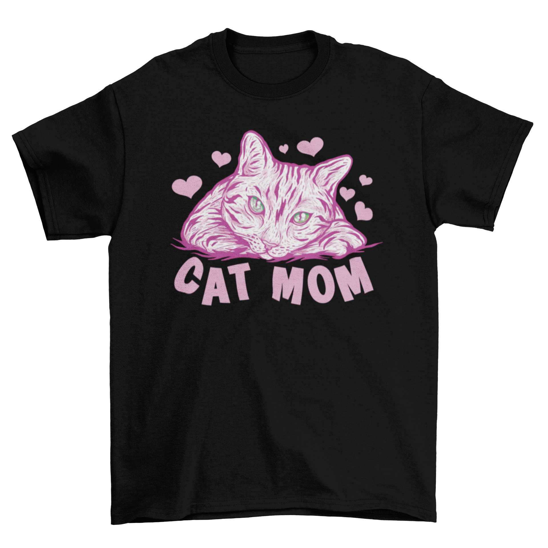 A stylish t-shirt featuring a cat surrounded by hearts with the quote 'Cat Mom'.