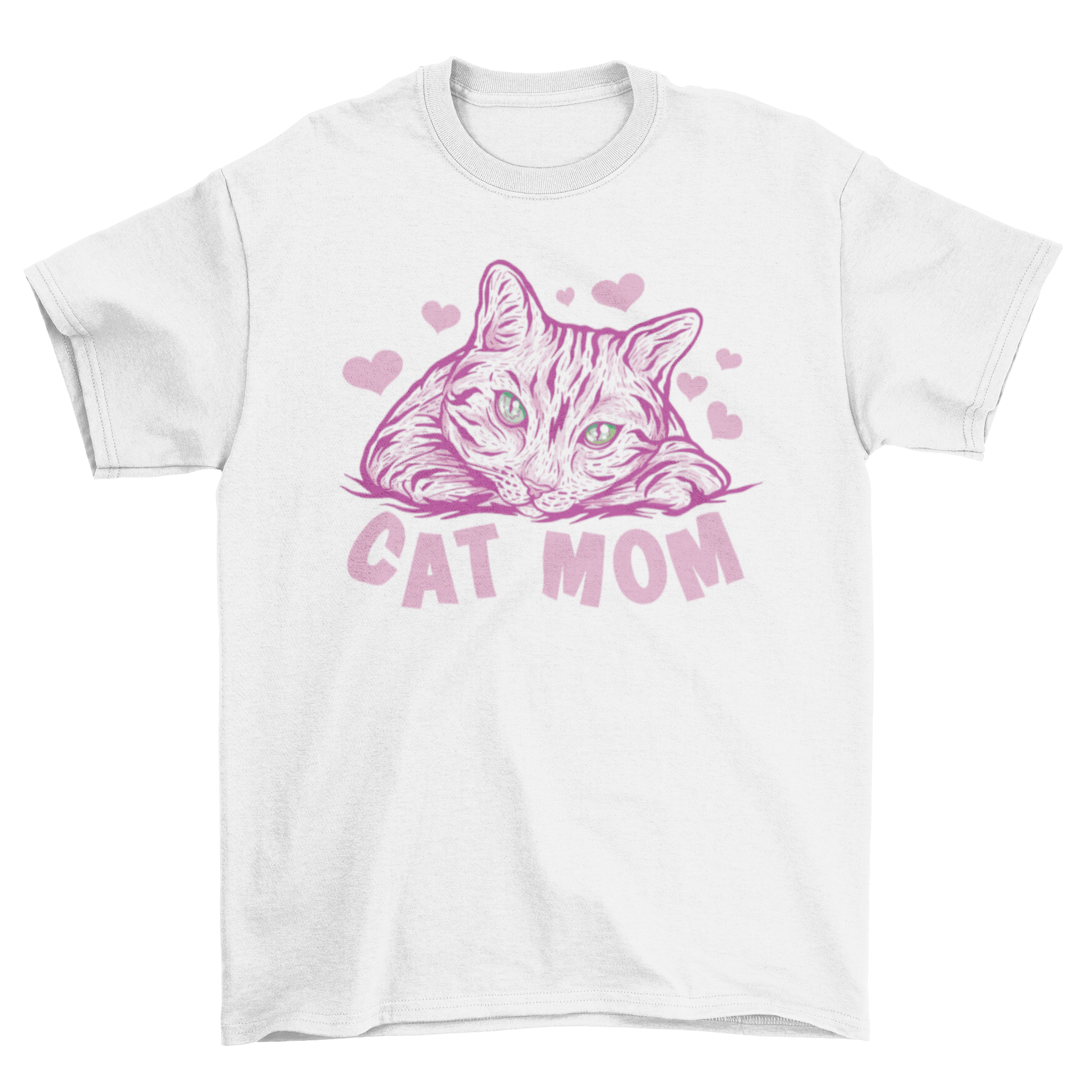 A stylish t-shirt featuring a cat surrounded by hearts with the quote 'Cat Mom'.