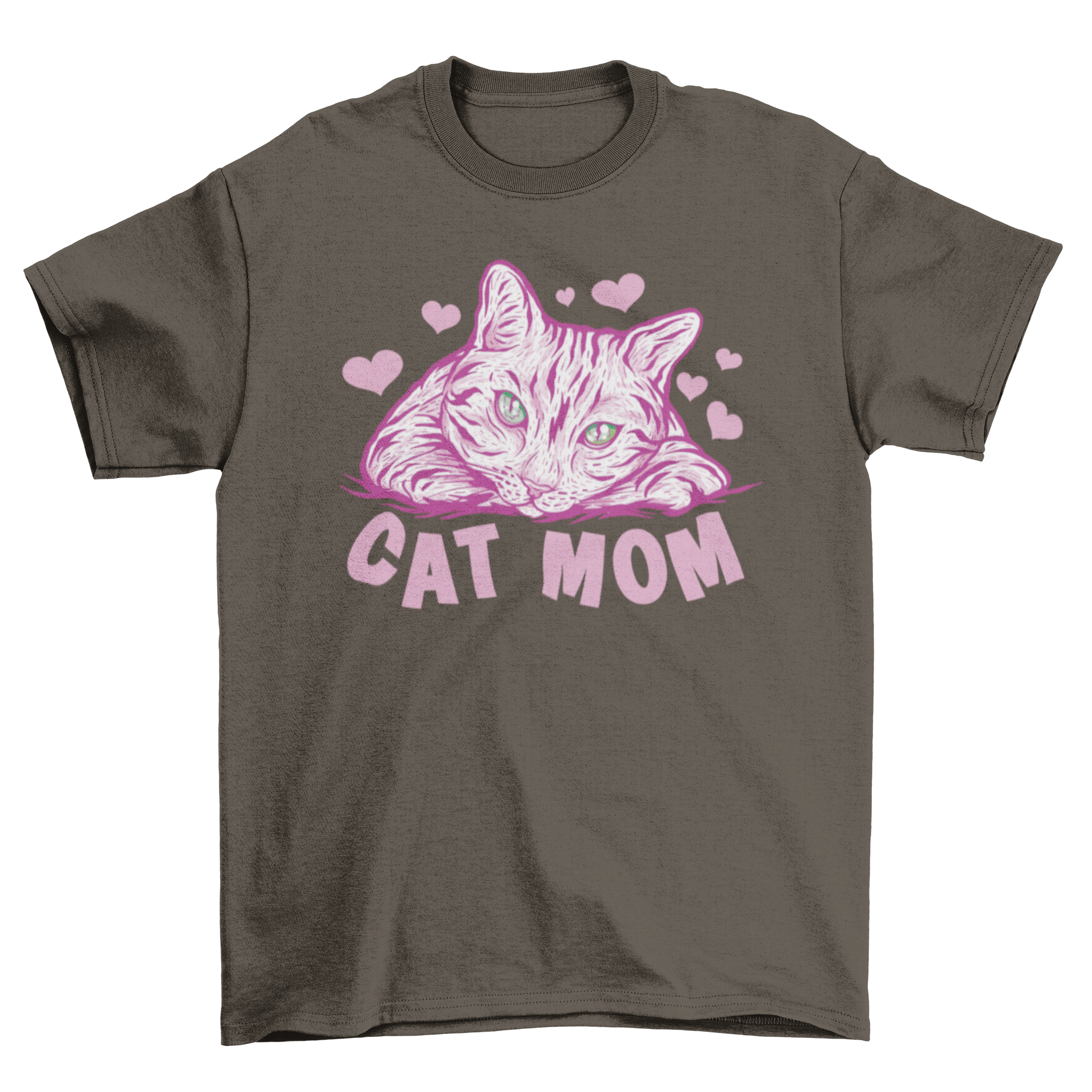 A stylish t-shirt featuring a cat surrounded by hearts with the quote 'Cat Mom'.