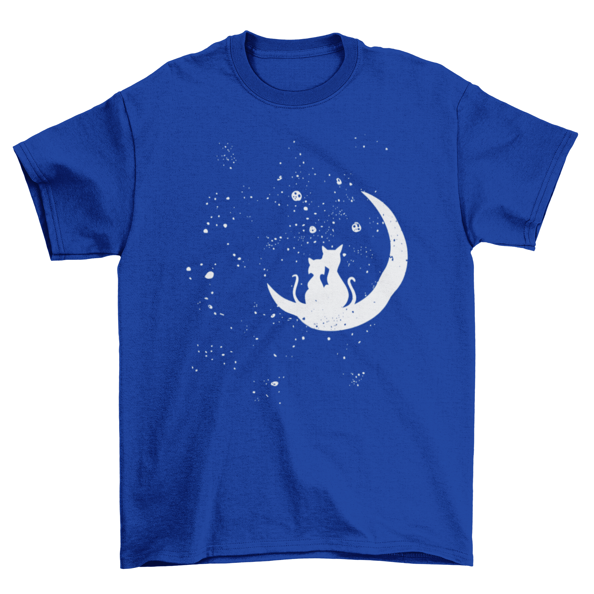 Cat Moon Love T-shirt featuring two cats on a crescent moon with stars in the background.