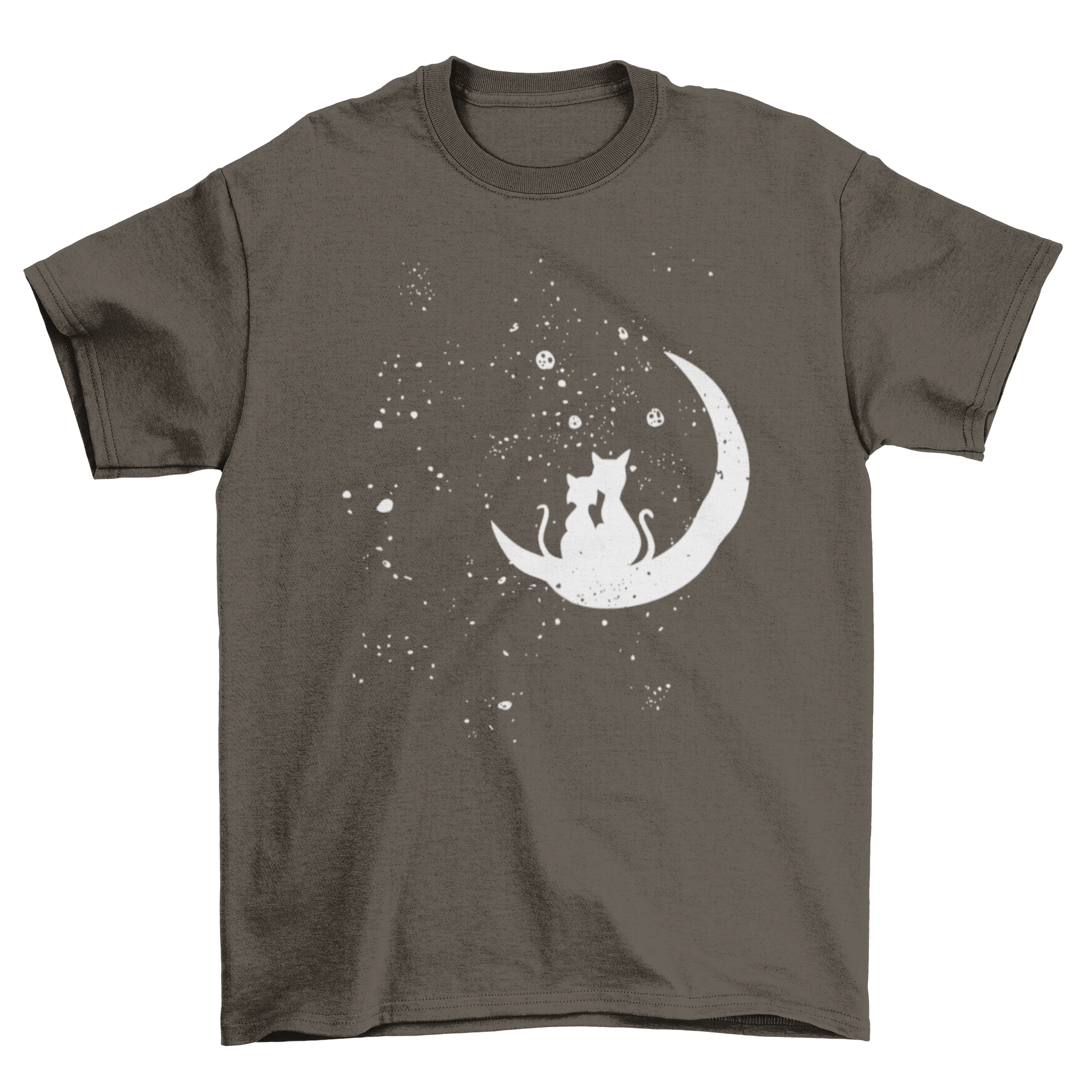 Cat Moon Love T-shirt featuring two cats on a crescent moon with stars in the background.