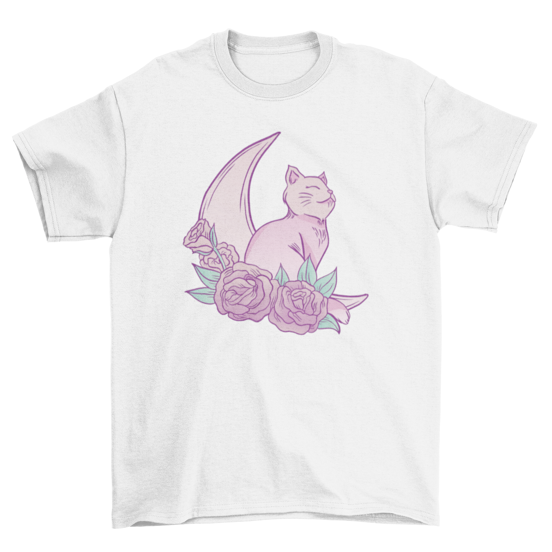 A cute t-shirt featuring a cat sitting on a crescent moon surrounded by roses, showcasing a whimsical and artistic design.